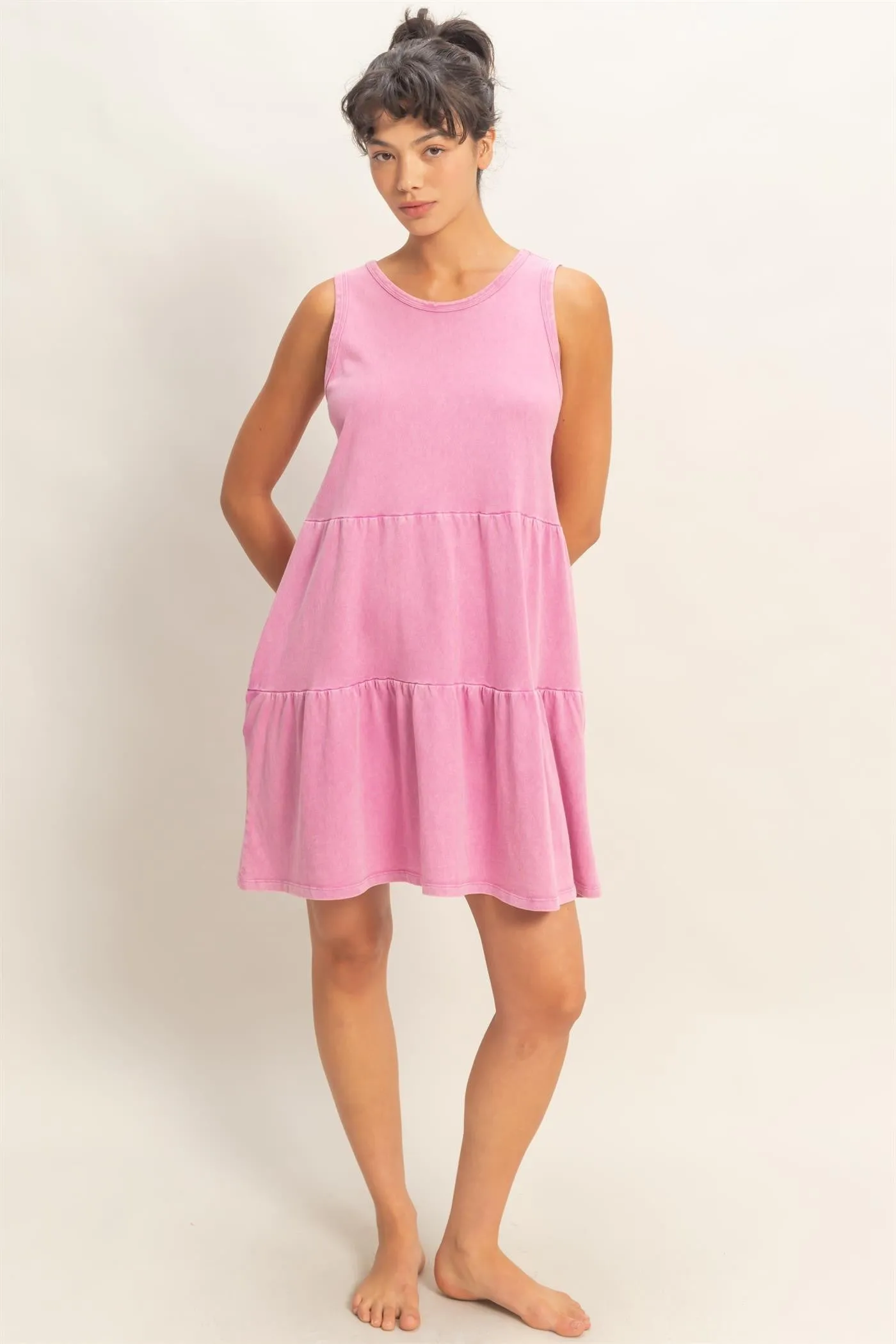 Fuchsia Sleeveless Crewneck Tiered Mini Dress sold by Pinkblush product image thumbnail 4