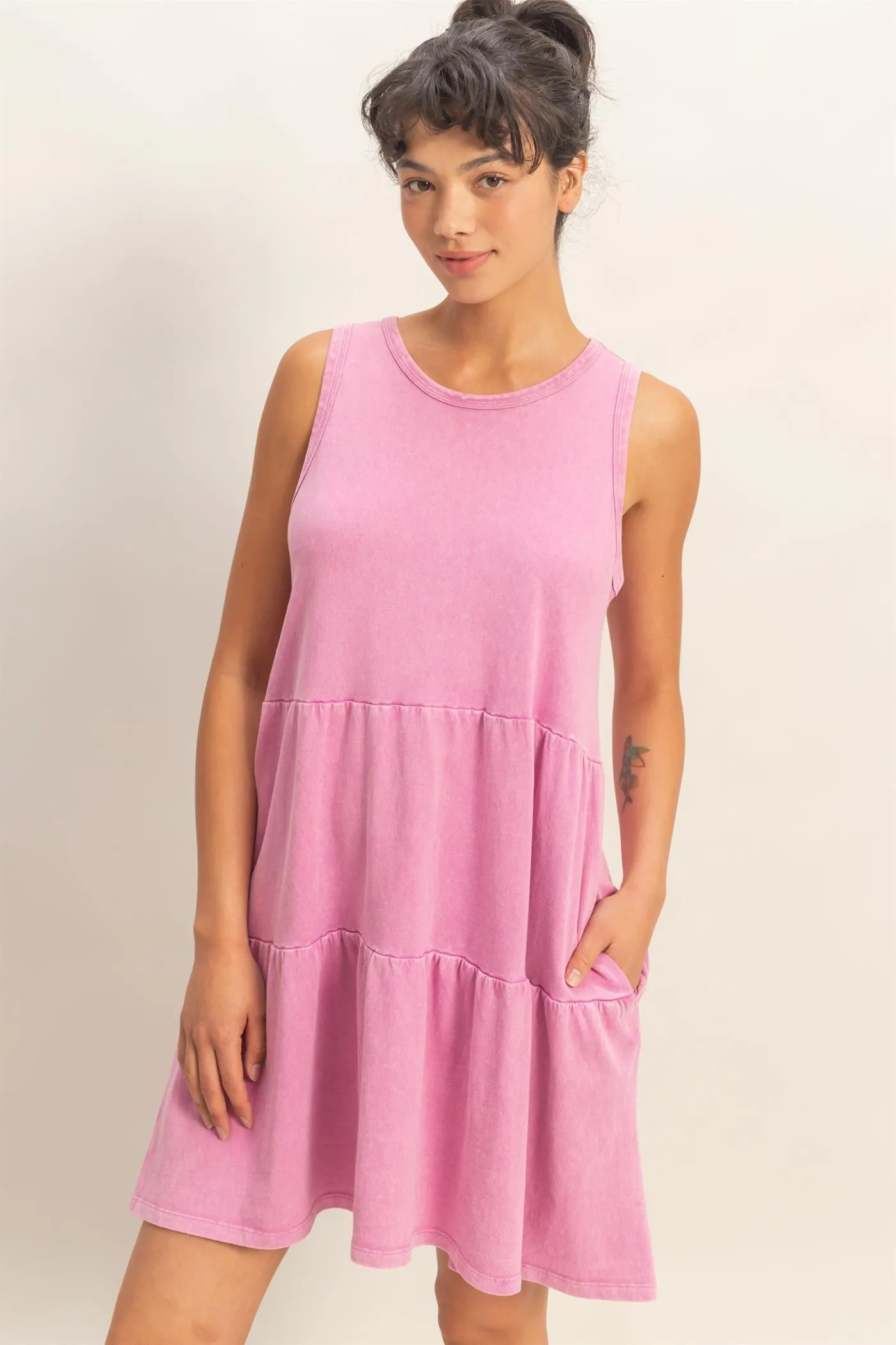 Fuchsia Sleeveless Crewneck Tiered Mini Dress sold by Pinkblush