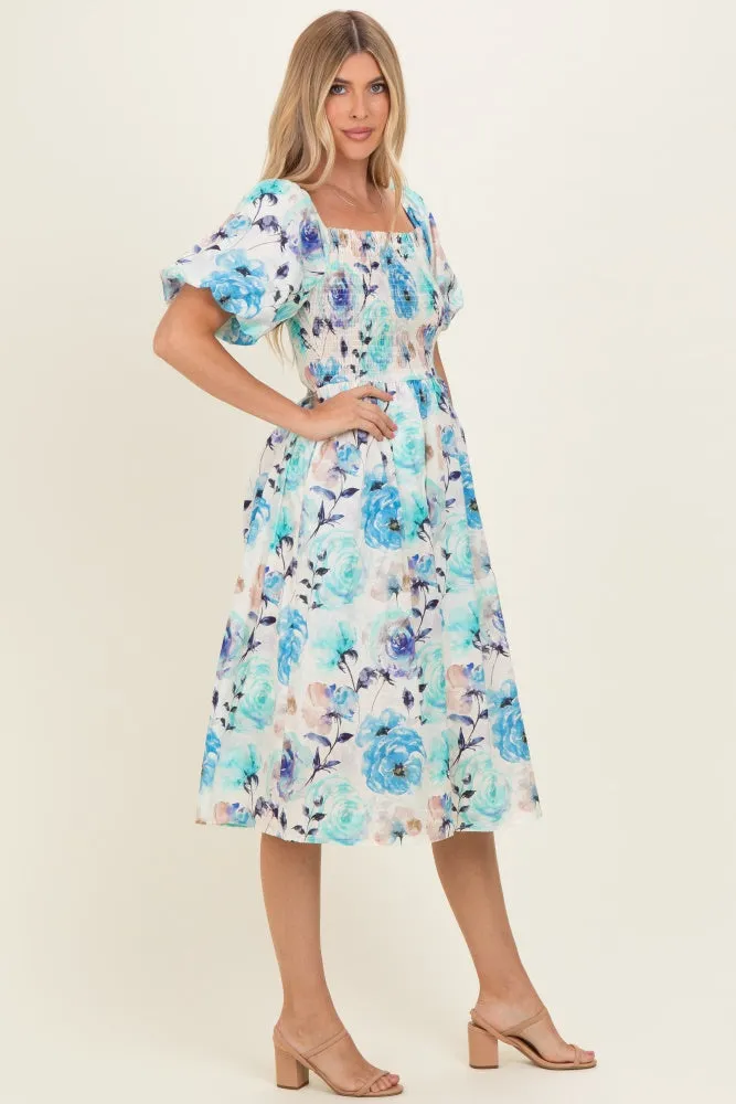 Blue Floral Smocked Puff Sleeve Midi Dress sold by Pinkblush product image thumbnail 3
