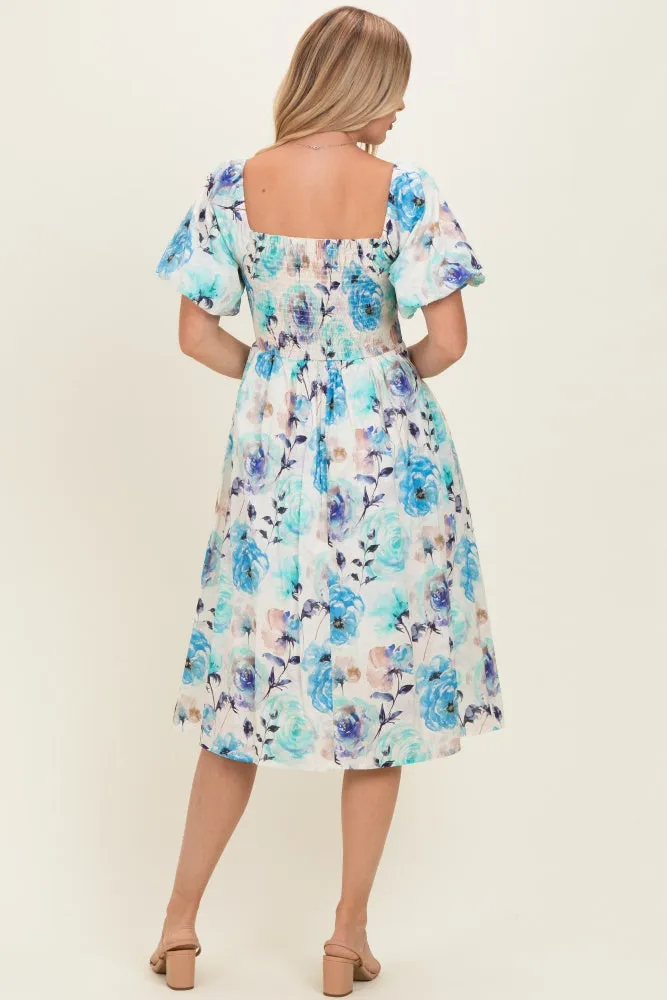 Blue Floral Smocked Puff Sleeve Midi Dress sold by Pinkblush product image thumbnail 4