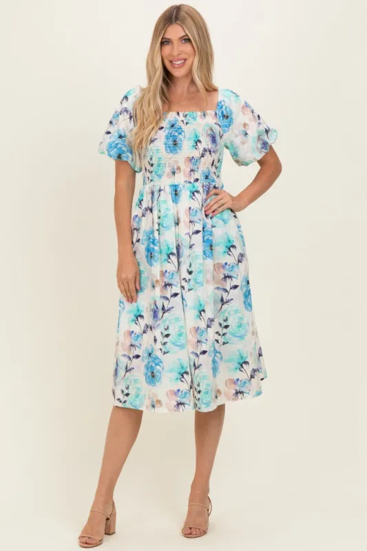 Blue Floral Smocked Puff Sleeve Midi Dress made by She and Sky