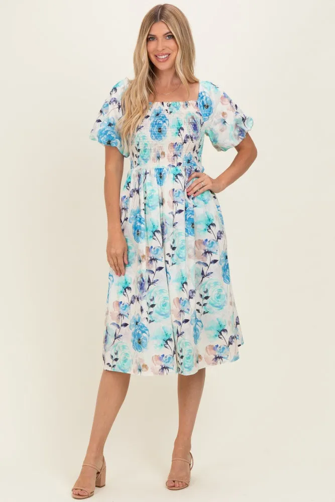 Blue Floral Smocked Puff Sleeve Midi Dress sold by Pinkblush