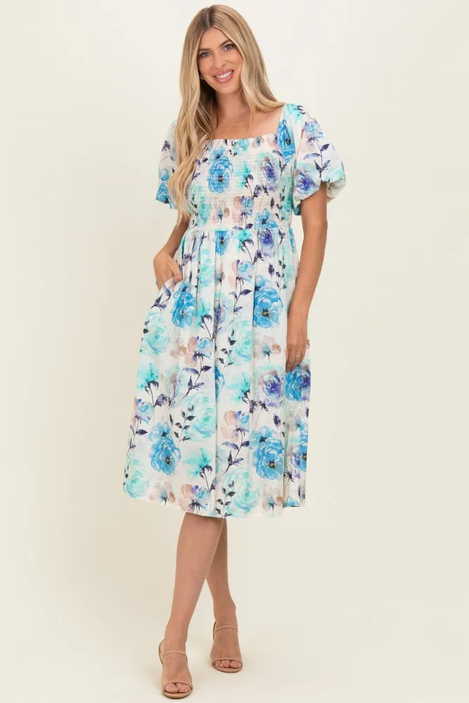 Blue Floral Smocked Puff Sleeve Midi Dress sold by Pinkblush product image thumbnail 2