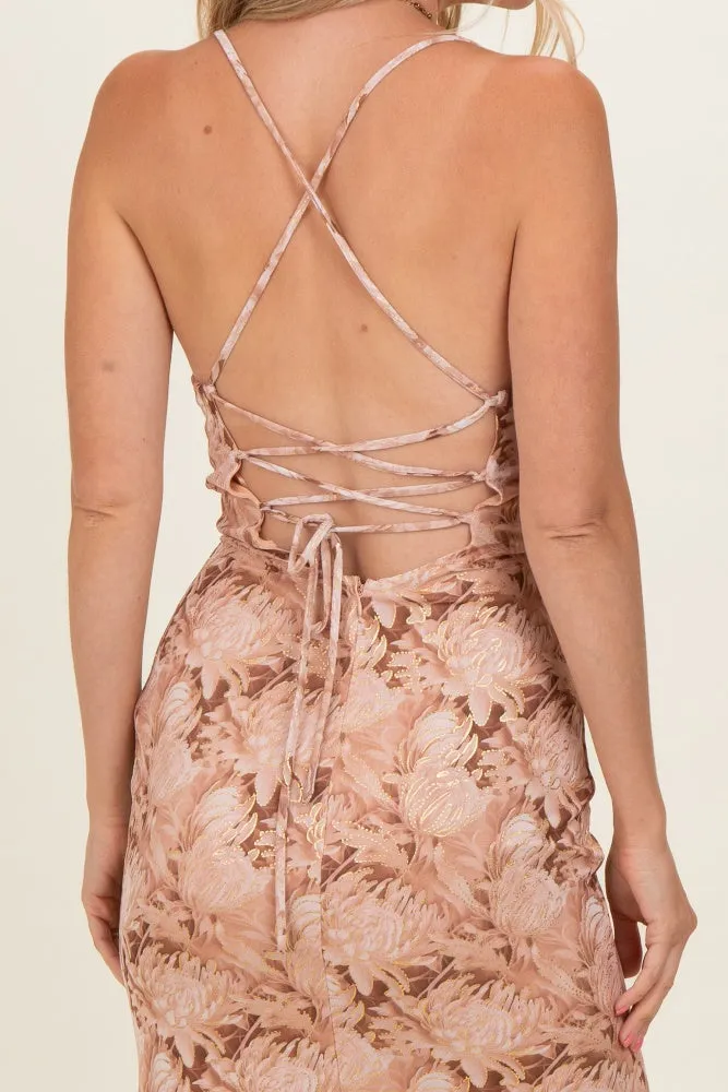 Peach Cowl Neck Lace Up Back Maxi Dress sold by Pinkblush product image thumbnail 4