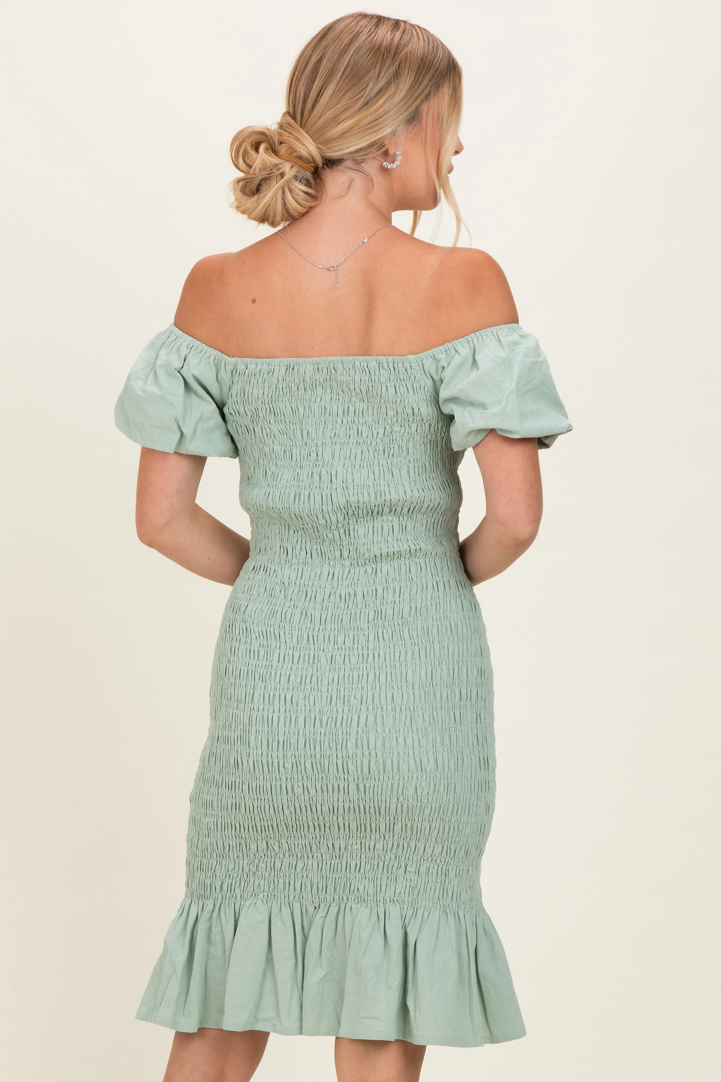 Sage Smocked Off Shoulder Ruffle Hem Dress sold by Pinkblush product image thumbnail 4