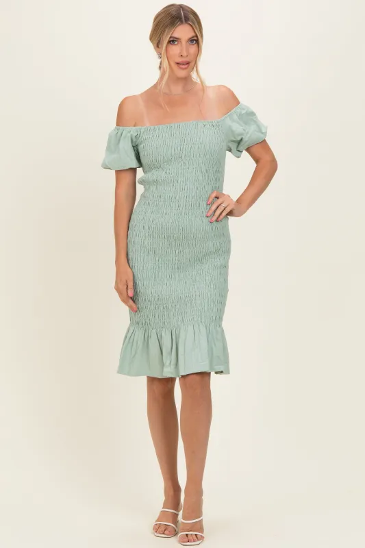 Sage Smocked Off Shoulder Ruffle Hem Dress made by Hello MIZ