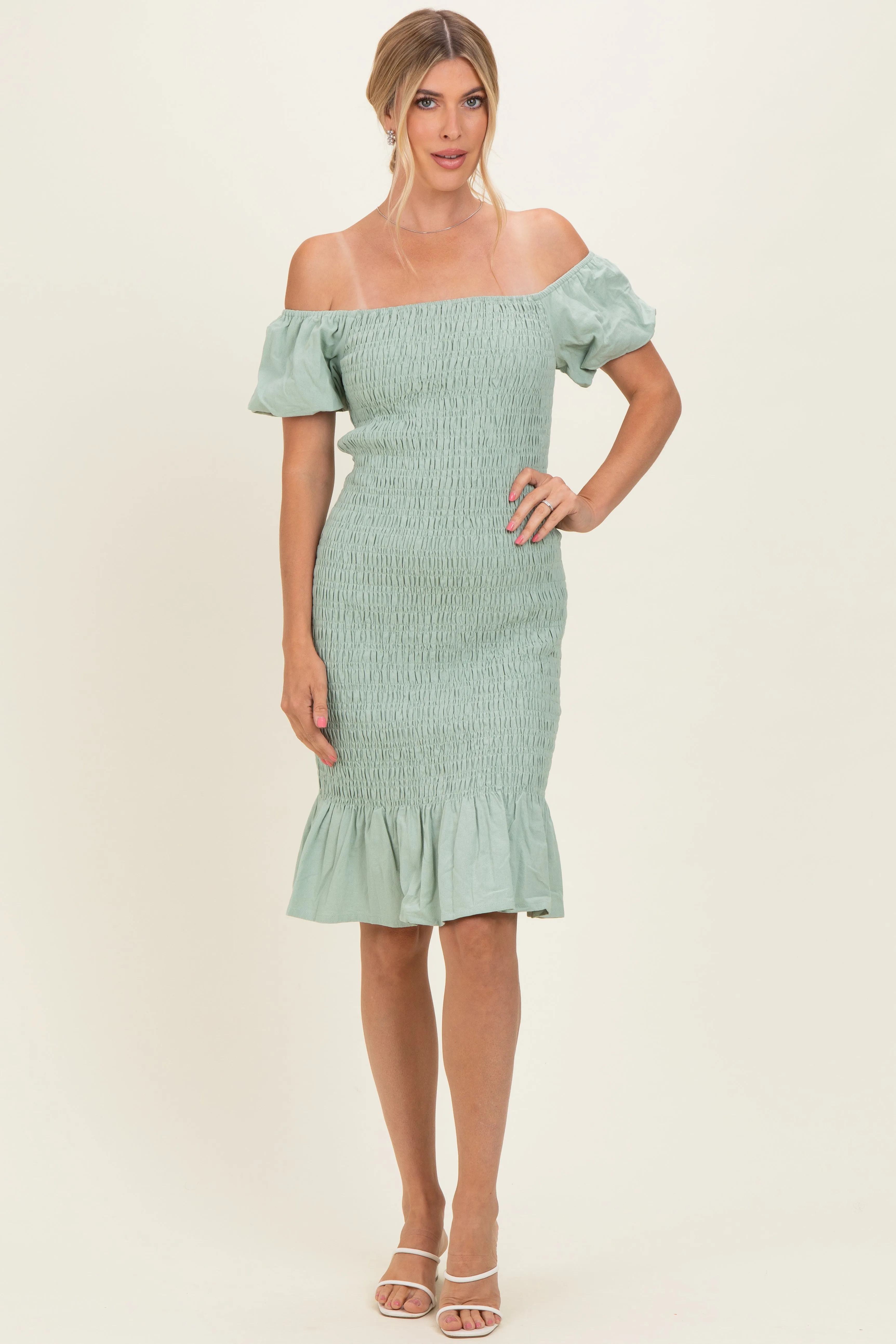 Sage Smocked Off Shoulder Ruffle Hem Dress sold by Pinkblush