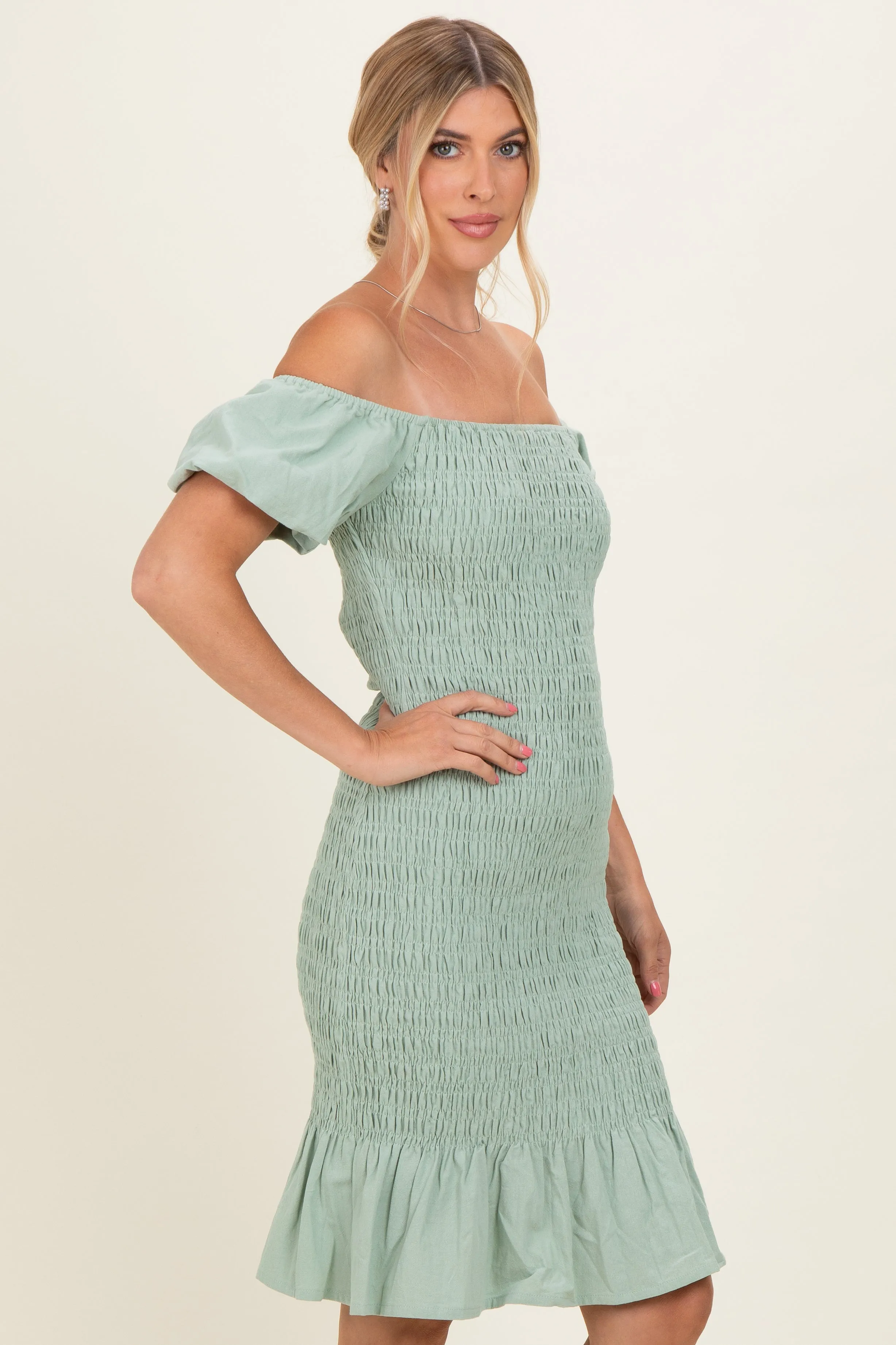 Sage Smocked Off Shoulder Ruffle Hem Dress sold by Pinkblush product image thumbnail 3