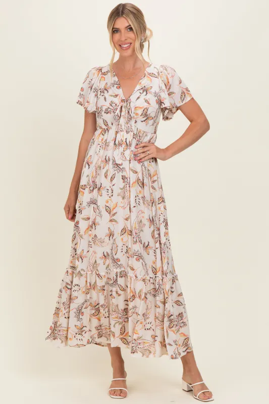 Beige Vintage Floral Short Sleeve V-Neck Tiered Maxi Dress made by Pinkblush