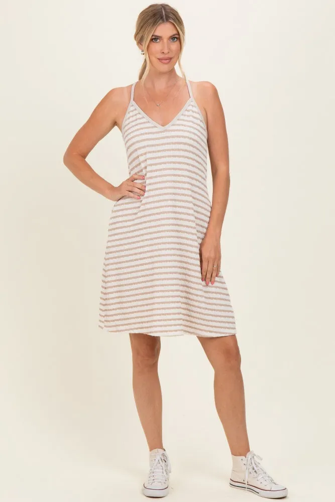 Cream/ Camel Striped Sleeveless Halter Mini Dress sold by Pinkblush