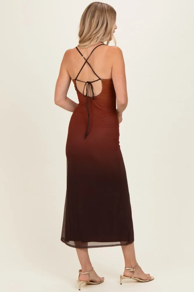 Ombre Brown Mesh Draped Neck Maxi Dress sold by Pinkblush product image thumbnail 3