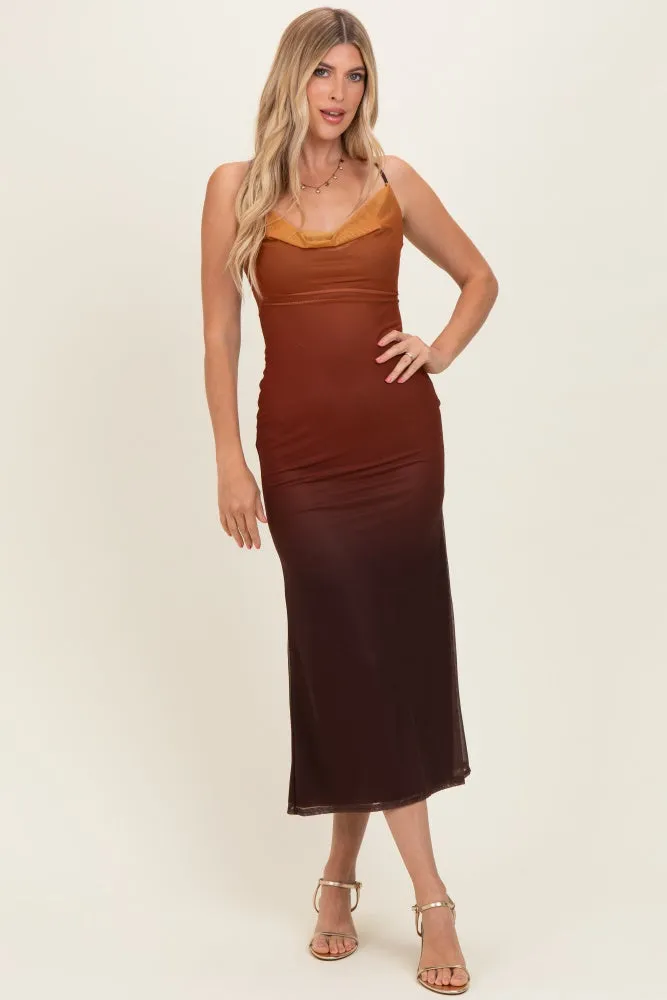 Ombre Brown Mesh Draped Neck Maxi Dress sold by Pinkblush