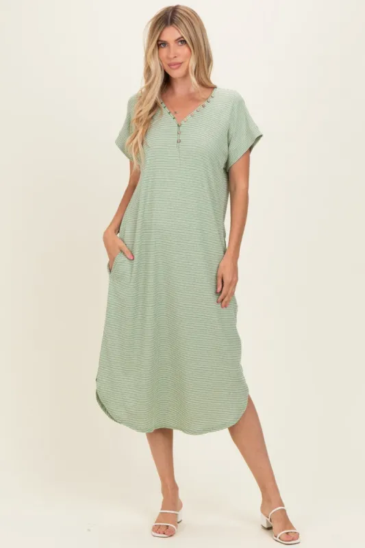 Sage Striped Button Detail Midi Dress made by Polagram
