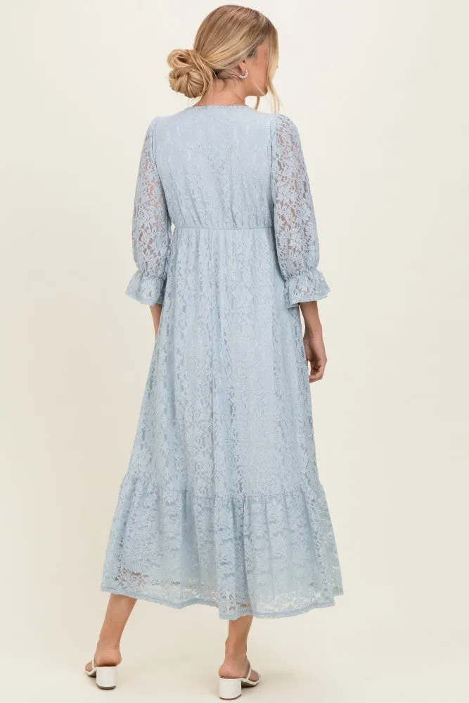 Light Blue Floral Lace 3/4 Ruffle Sleeve V-Neck Maxi Dress sold by Pinkblush product image thumbnail 3