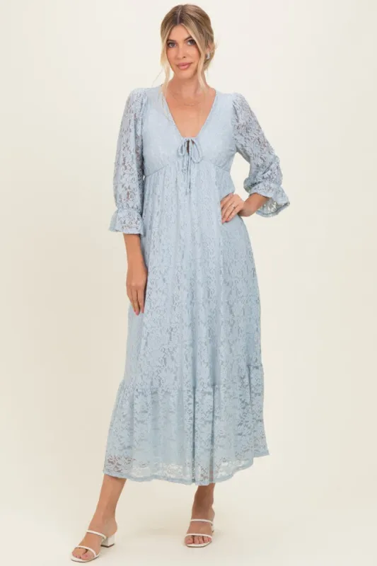 Light Blue Floral Lace 3/4 Ruffle Sleeve V-Neck Maxi Dress made by Pinkblush