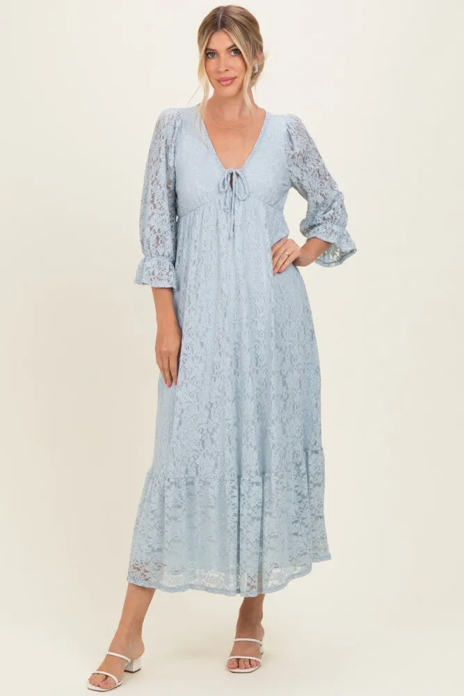 Light Blue Floral Lace 3/4 Ruffle Sleeve V-Neck Maxi Dress sold by Pinkblush