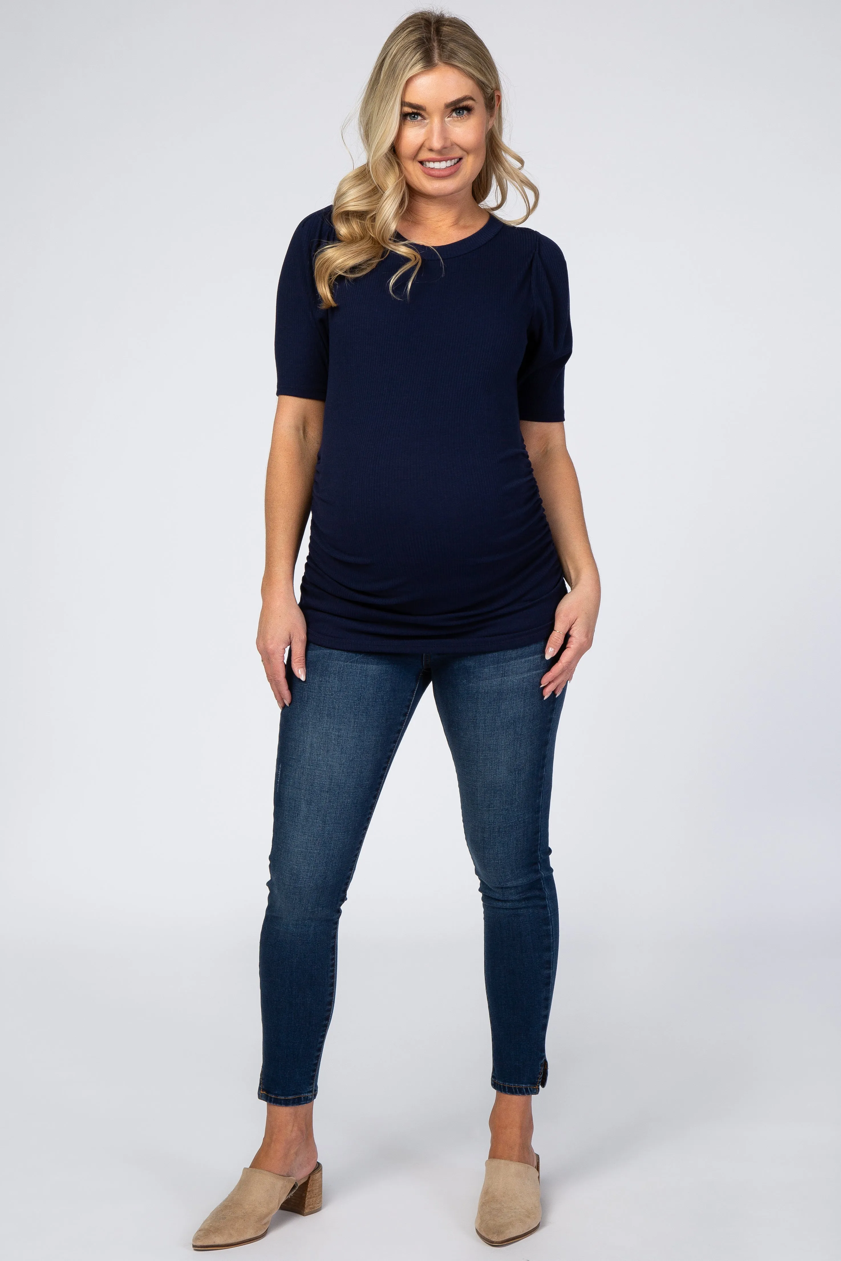 Navy Ribbed Ruched Fitted Maternity Top sold by Pinkblush product image thumbnail 4