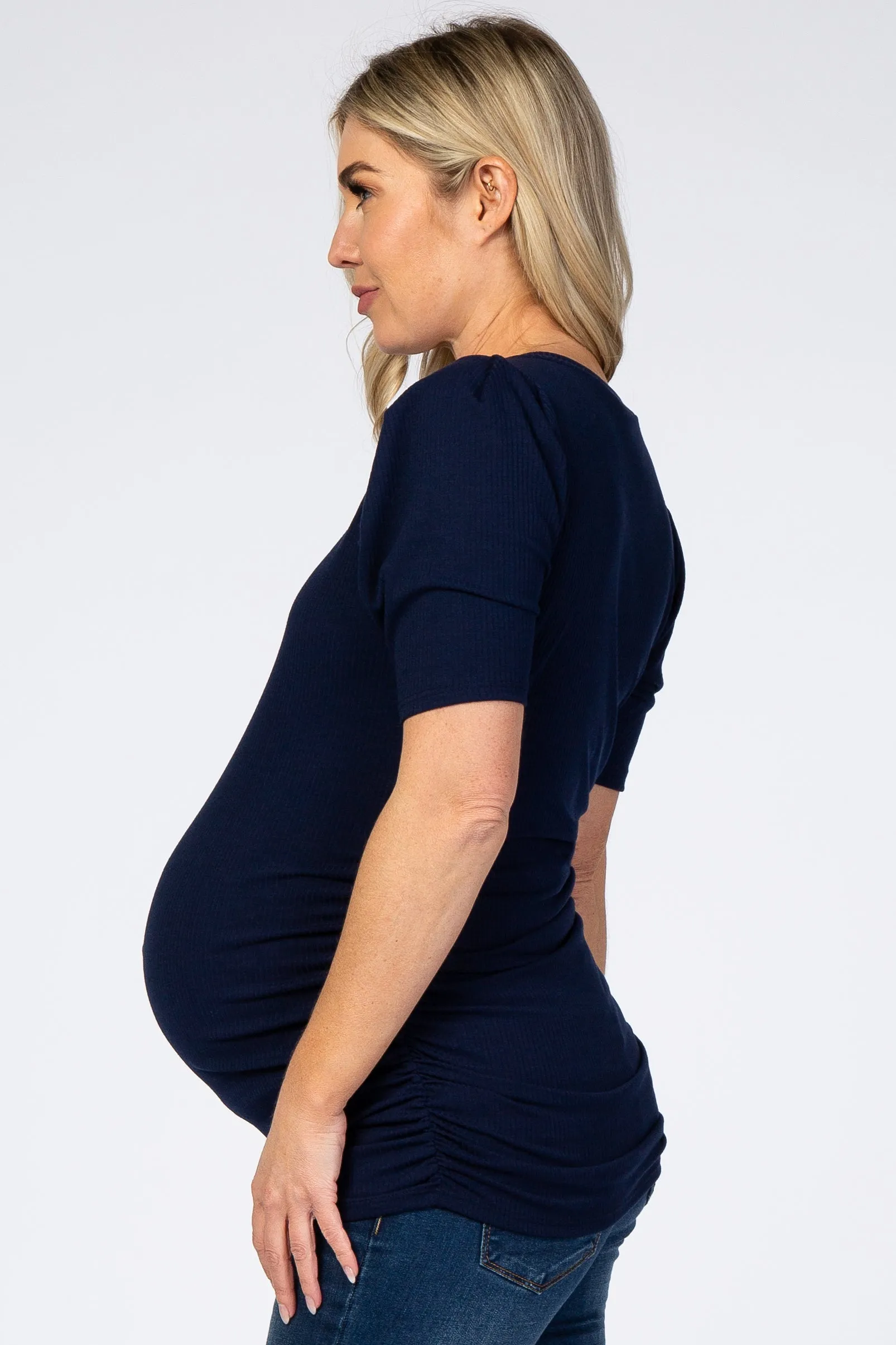 Navy Ribbed Ruched Fitted Maternity Top sold by Pinkblush product image thumbnail 2