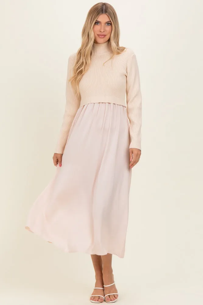 Light Beige Knit Contrast Top Satin Midi Dress sold by Pinkblush