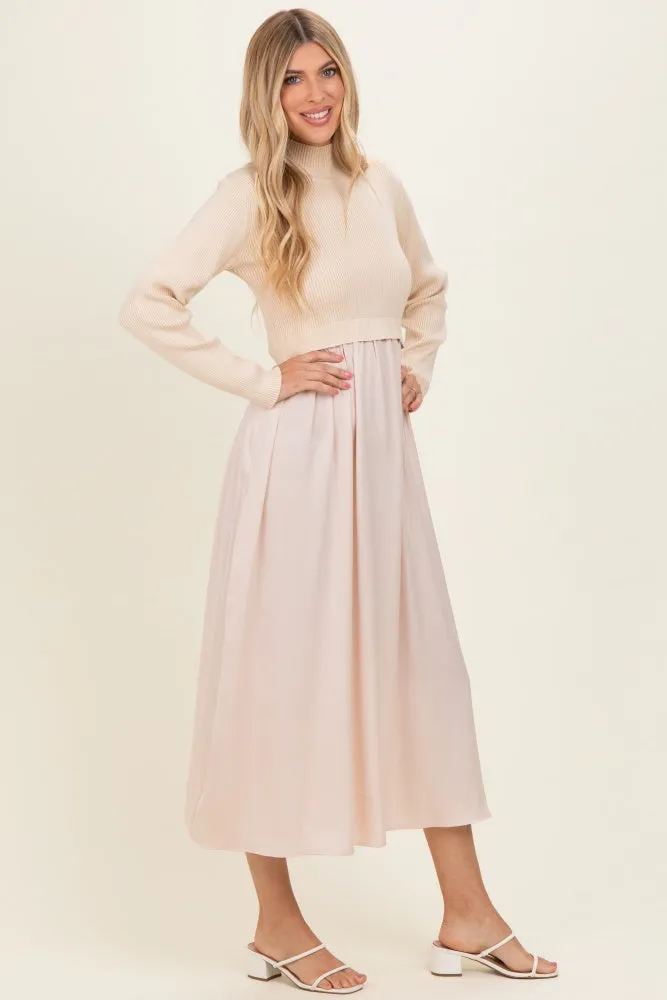 Light Beige Knit Contrast Top Satin Midi Dress sold by Pinkblush product image thumbnail 2