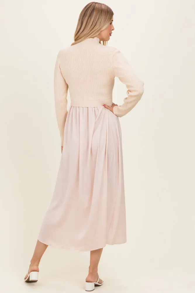 Light Beige Knit Contrast Top Satin Midi Dress sold by Pinkblush product image thumbnail 3