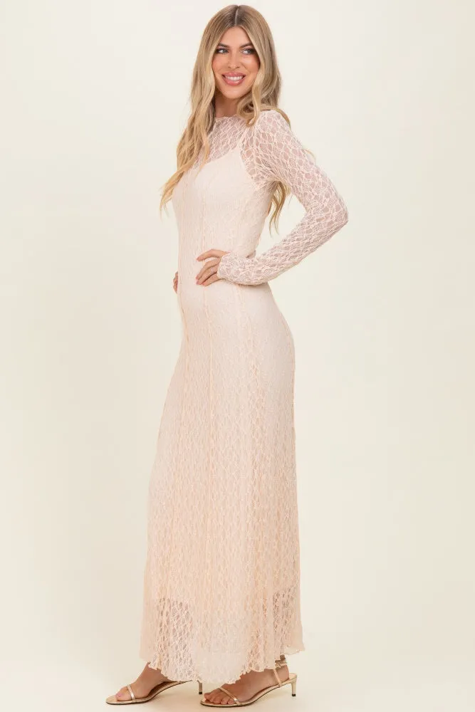 Beige Lace Mock Neck Long Sleeve Maxi Dress sold by Pinkblush product image thumbnail 2