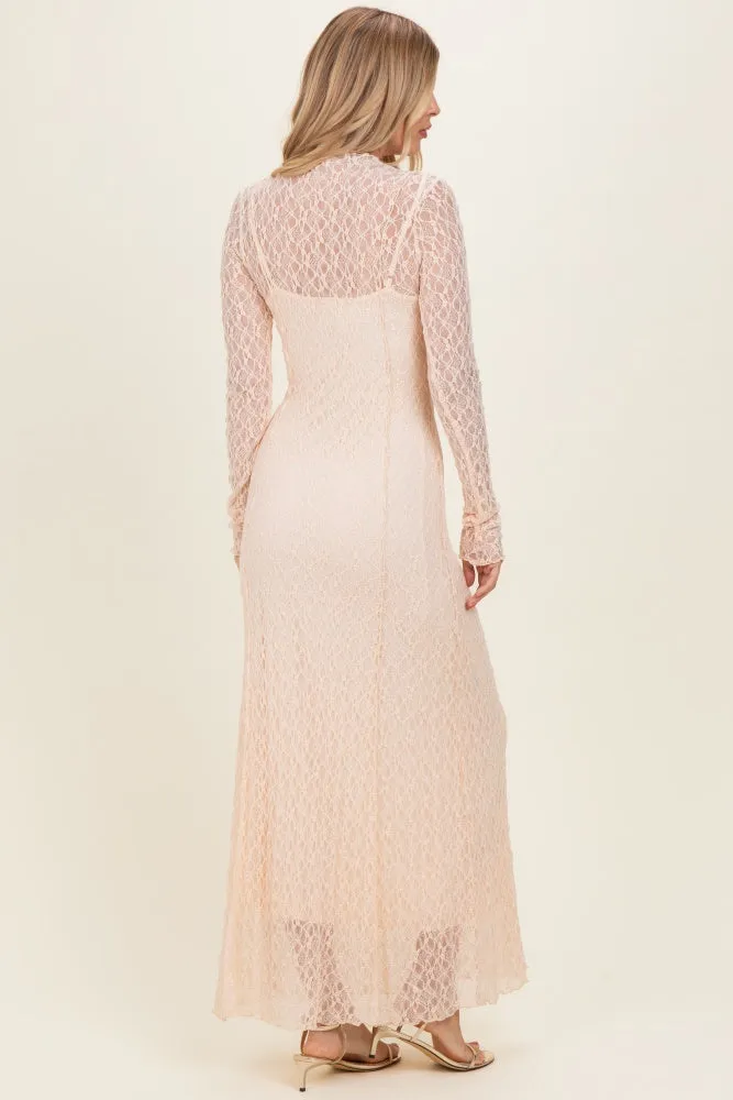 Beige Lace Mock Neck Long Sleeve Maxi Dress sold by Pinkblush product image thumbnail 3
