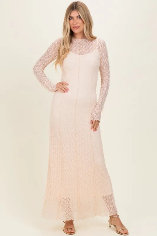 Beige Lace Mock Neck Long Sleeve Maxi Dress made by Pinkblush