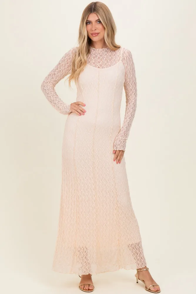 Beige Lace Mock Neck Long Sleeve Maxi Dress sold by Pinkblush