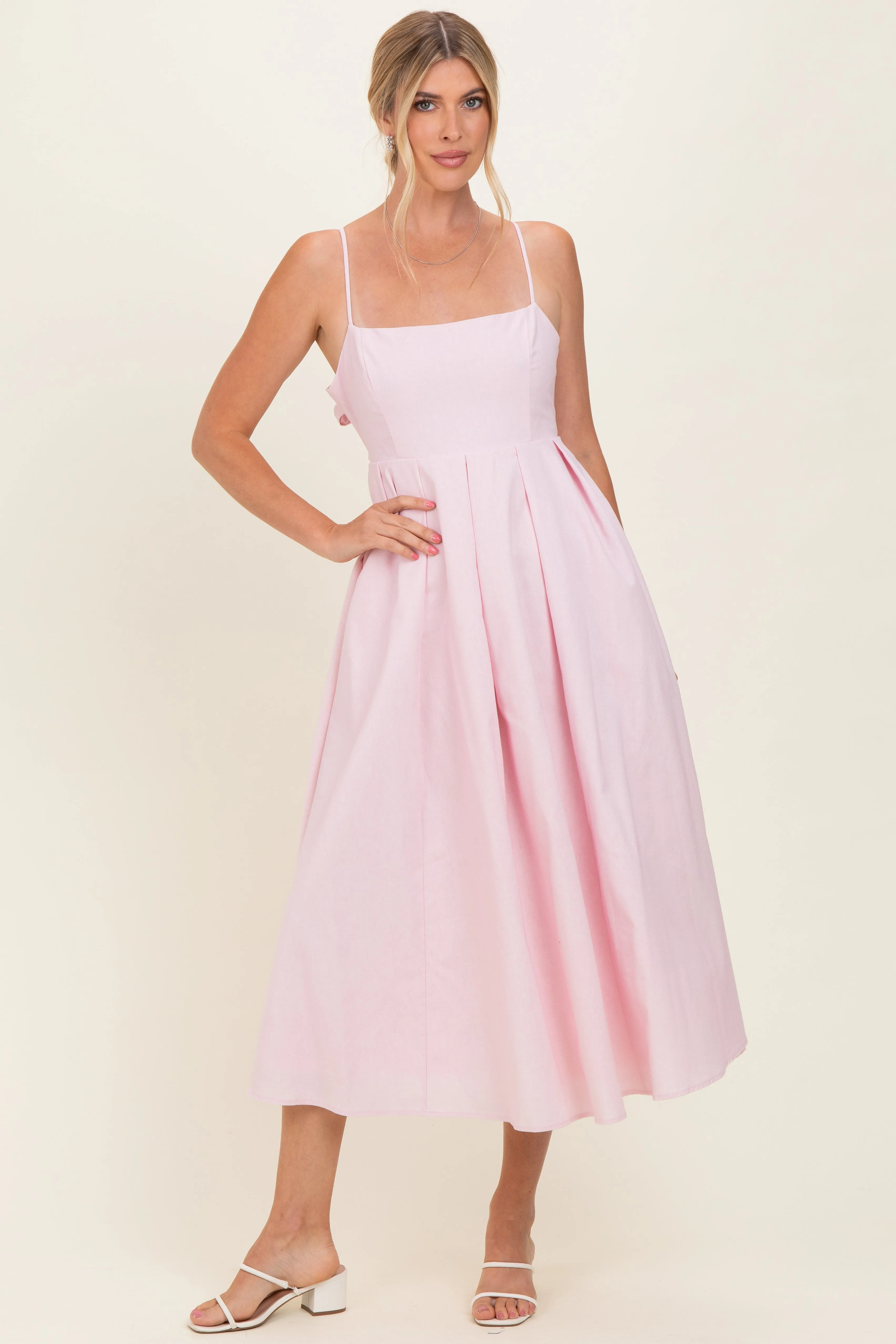 Light Pink Linen Sleeveless Tie Back Flared Midi Dress sold by Pinkblush