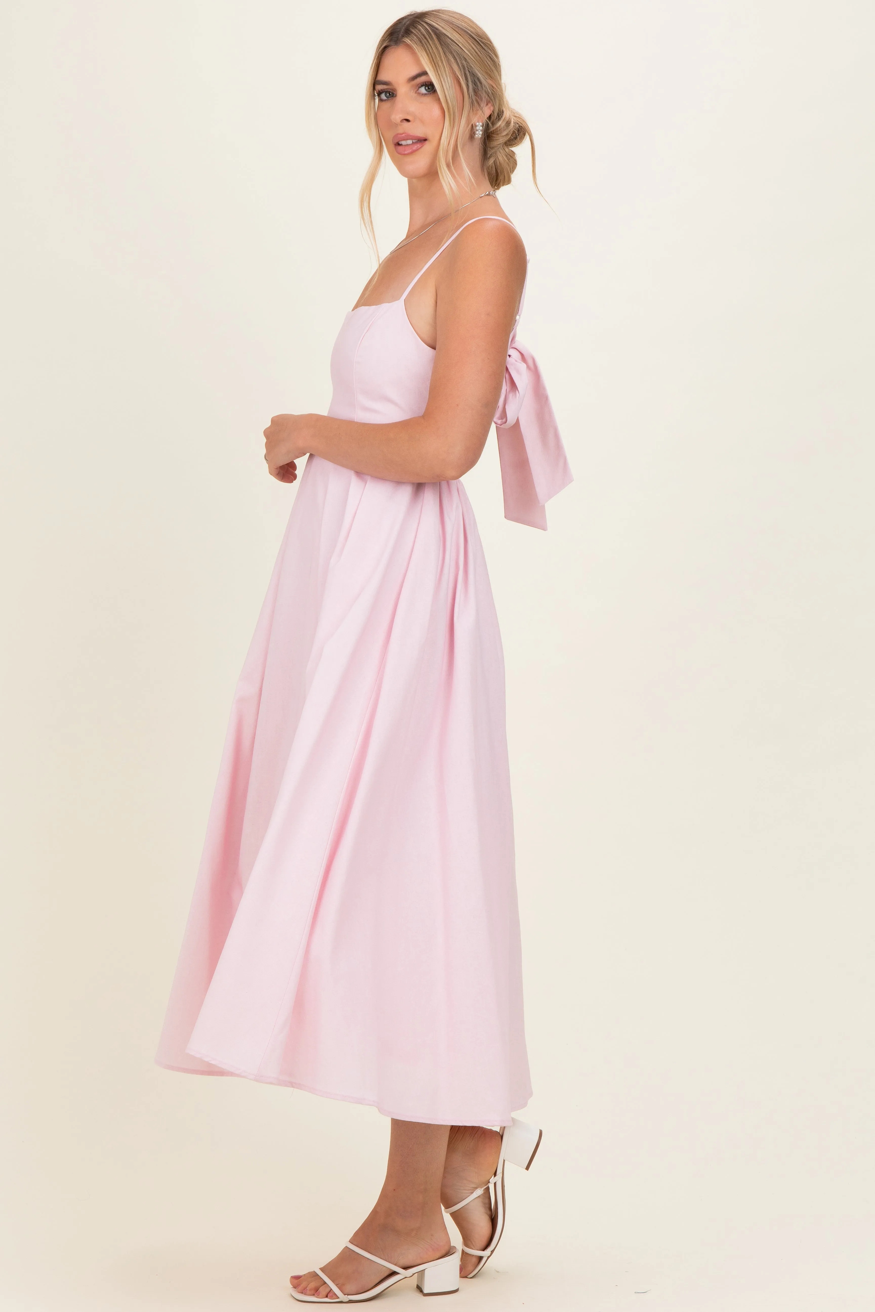 Light Pink Linen Sleeveless Tie Back Flared Midi Dress sold by Pinkblush product image thumbnail 2