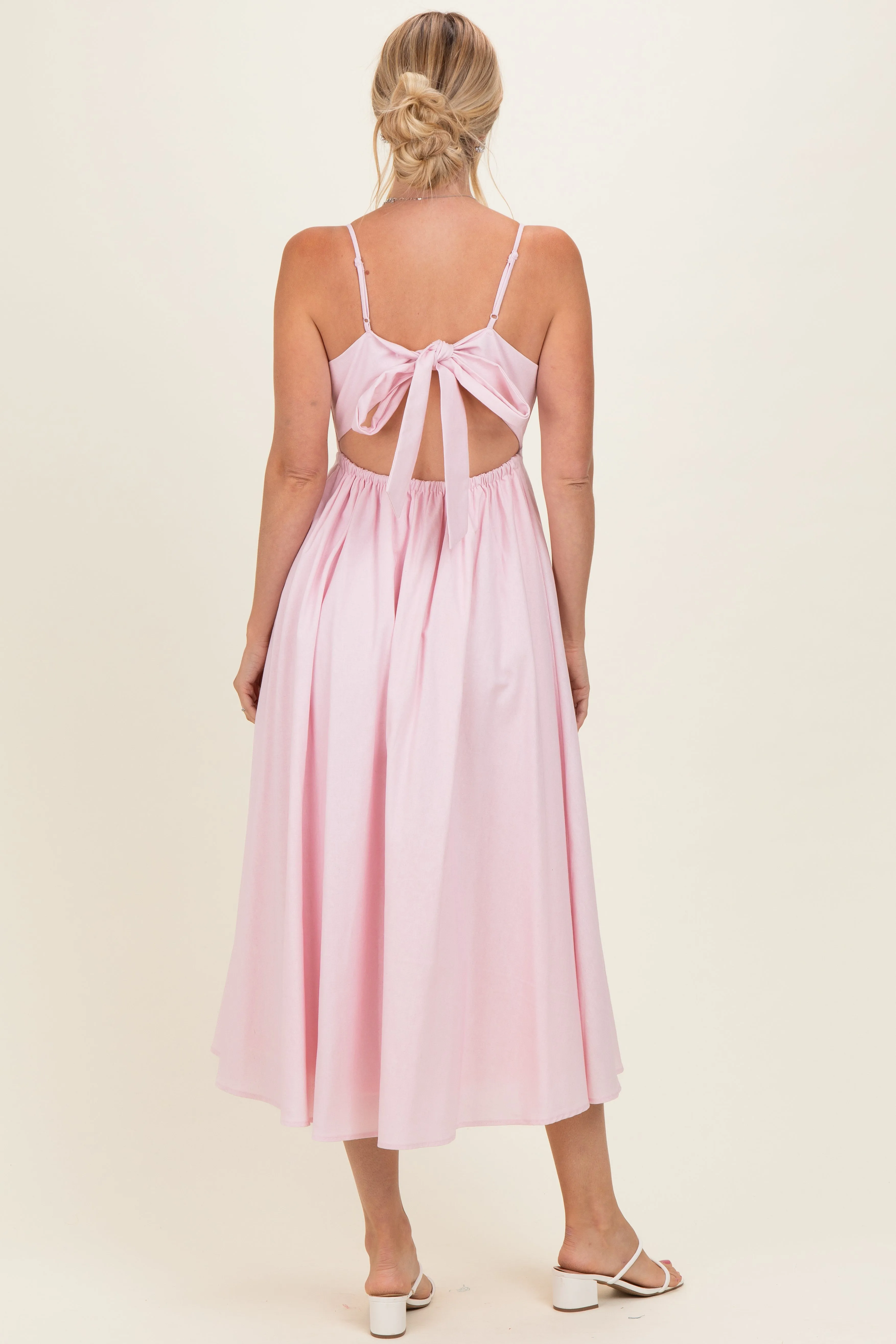 Light Pink Linen Sleeveless Tie Back Flared Midi Dress sold by Pinkblush product image thumbnail 3
