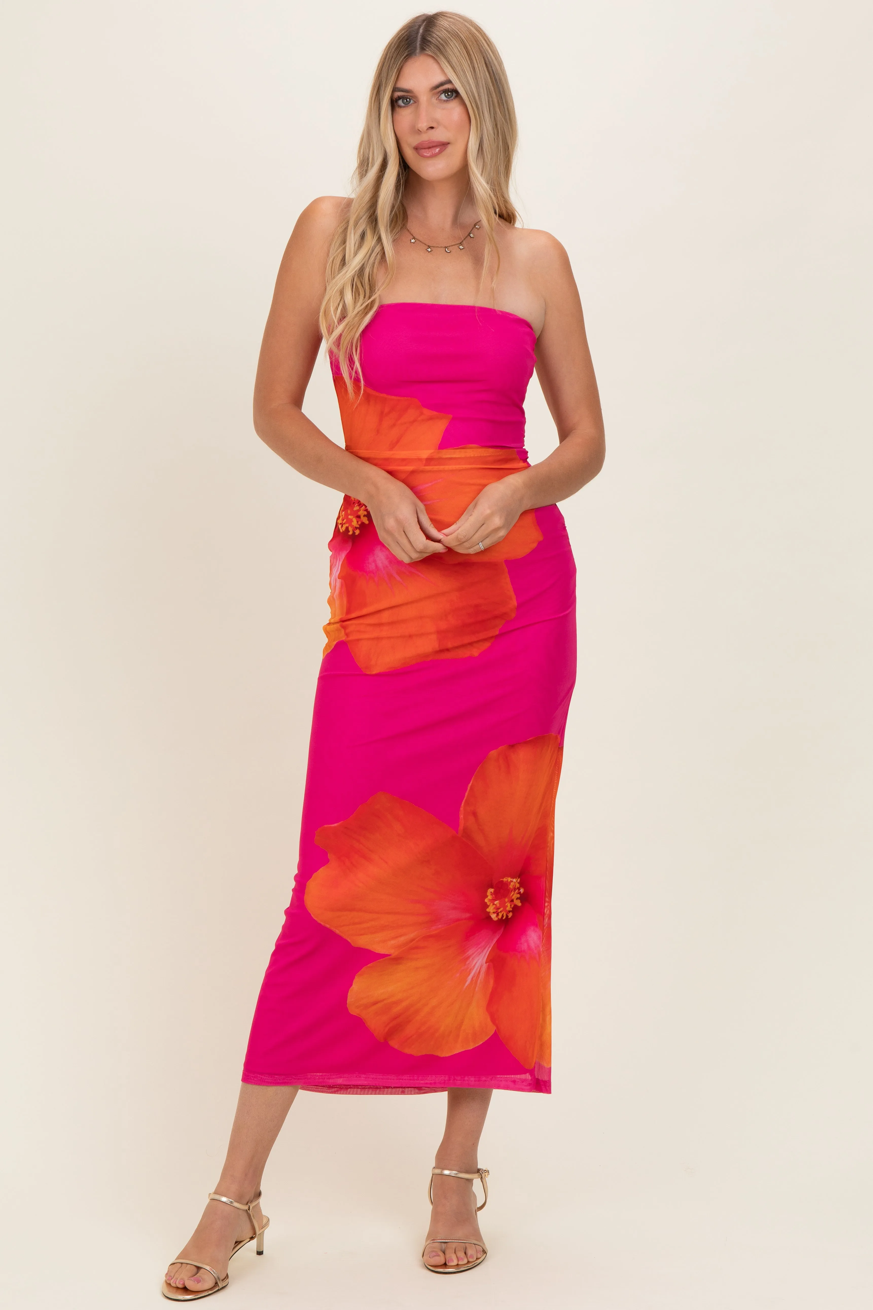 Fuchsia Floral Strapless Maxi Dress sold by Pinkblush