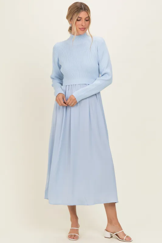 Light Blue Knit Contrast Top Satin Midi Dress made by tea n rose