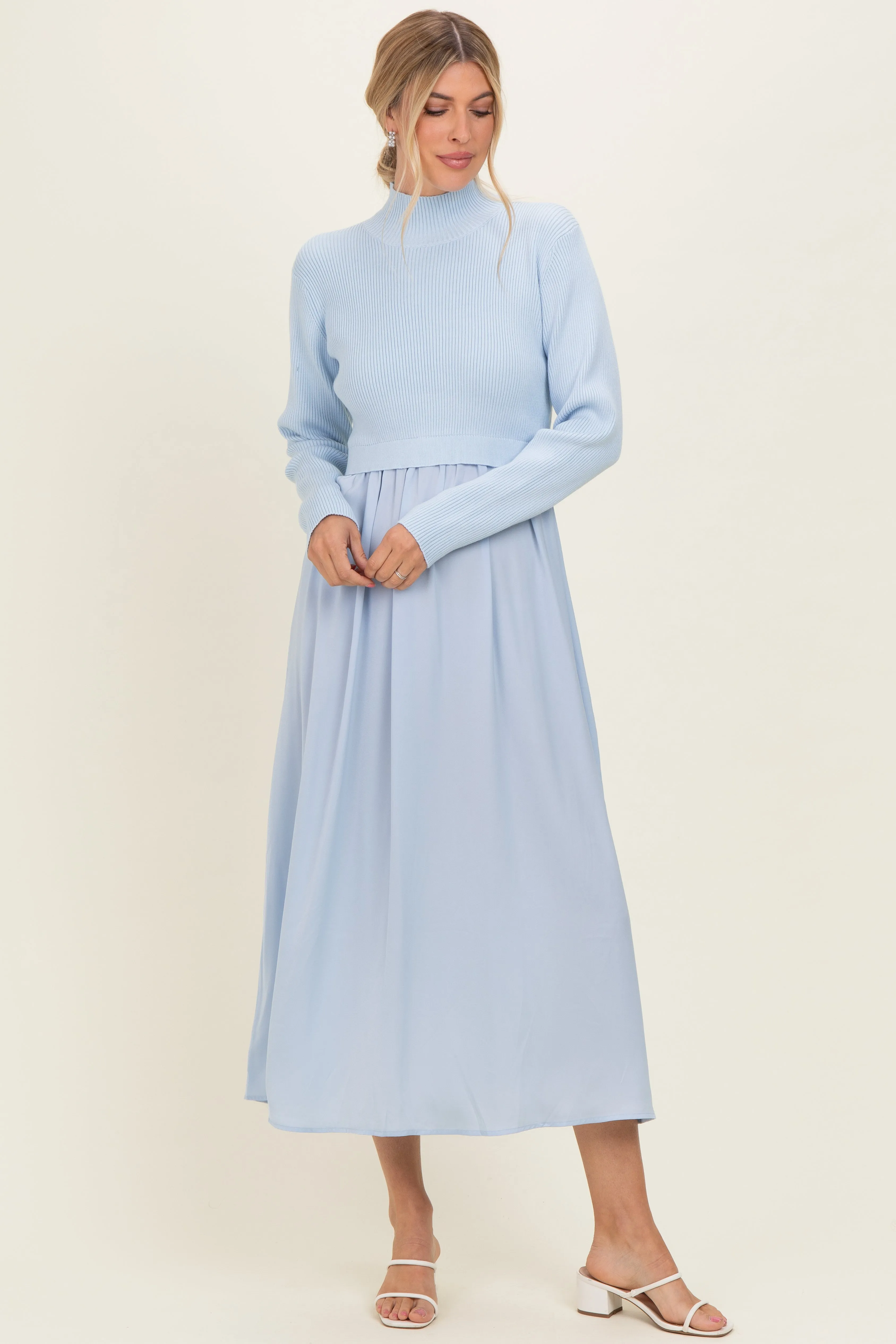 Light Blue Knit Contrast Top Satin Midi Dress sold by Pinkblush