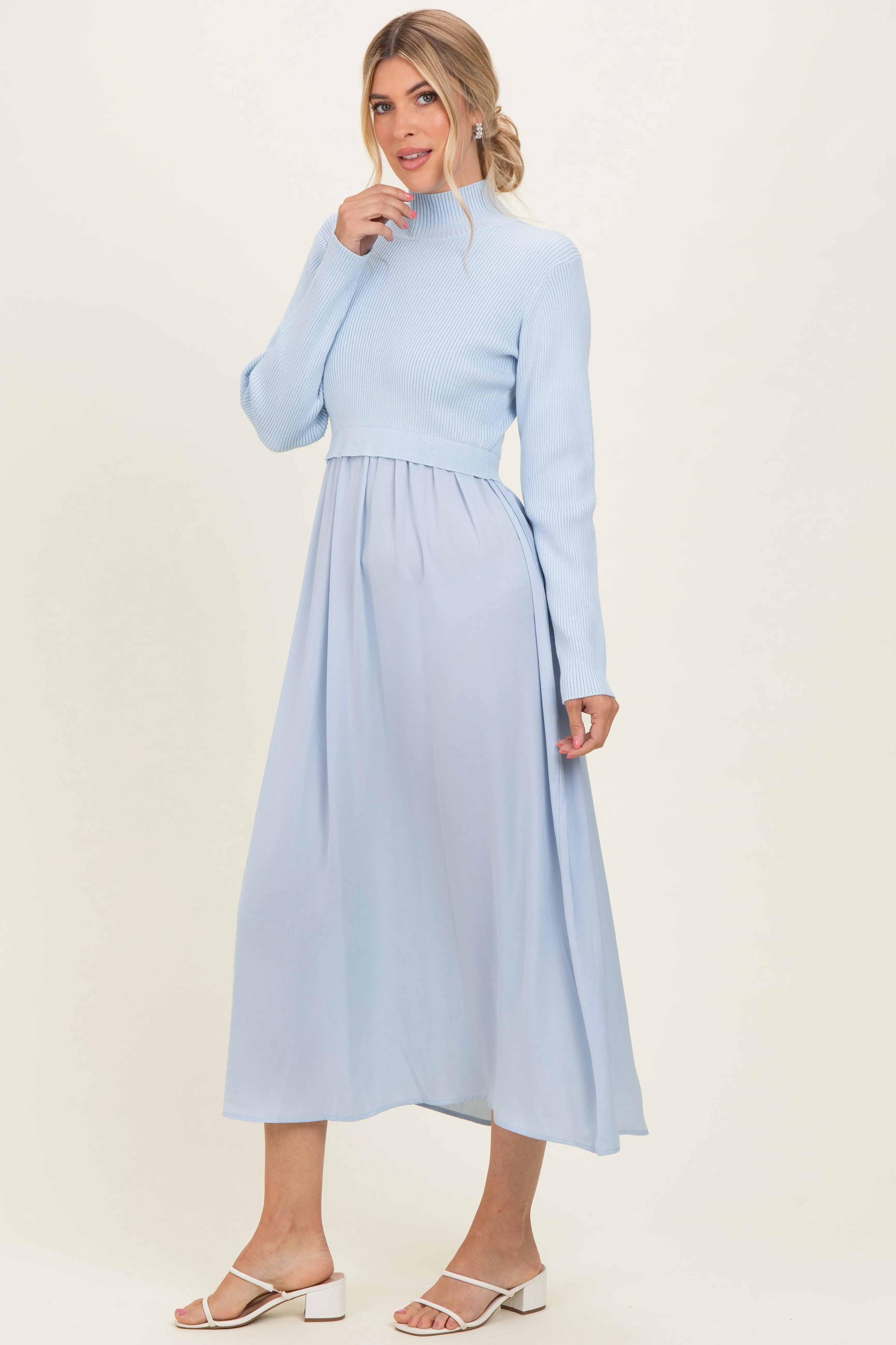 Light Blue Knit Contrast Top Satin Midi Dress sold by Pinkblush product image thumbnail 2