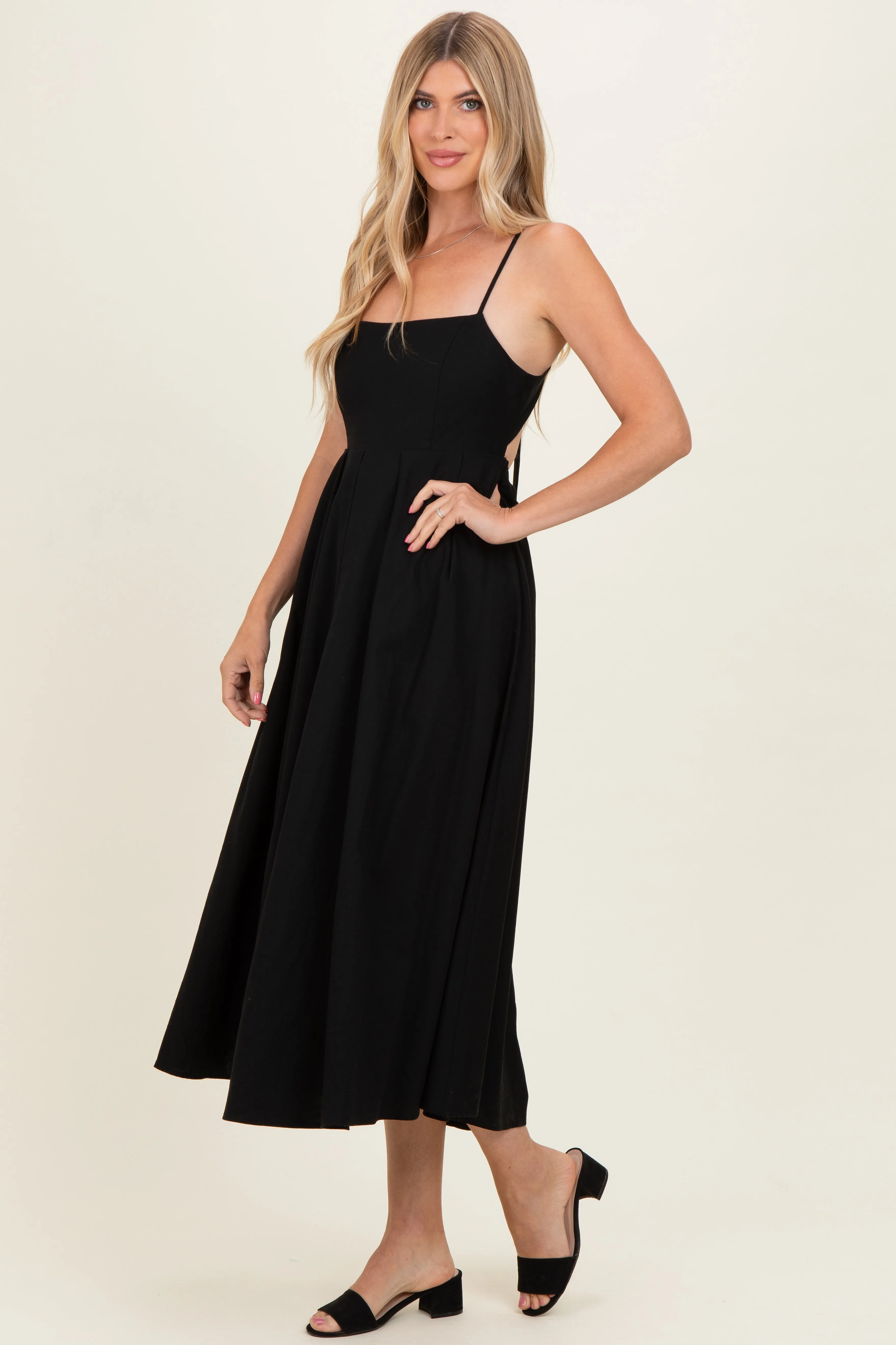 Black Linen Sleeveless Tie Back Flared Midi Dress sold by Pinkblush product image thumbnail 3