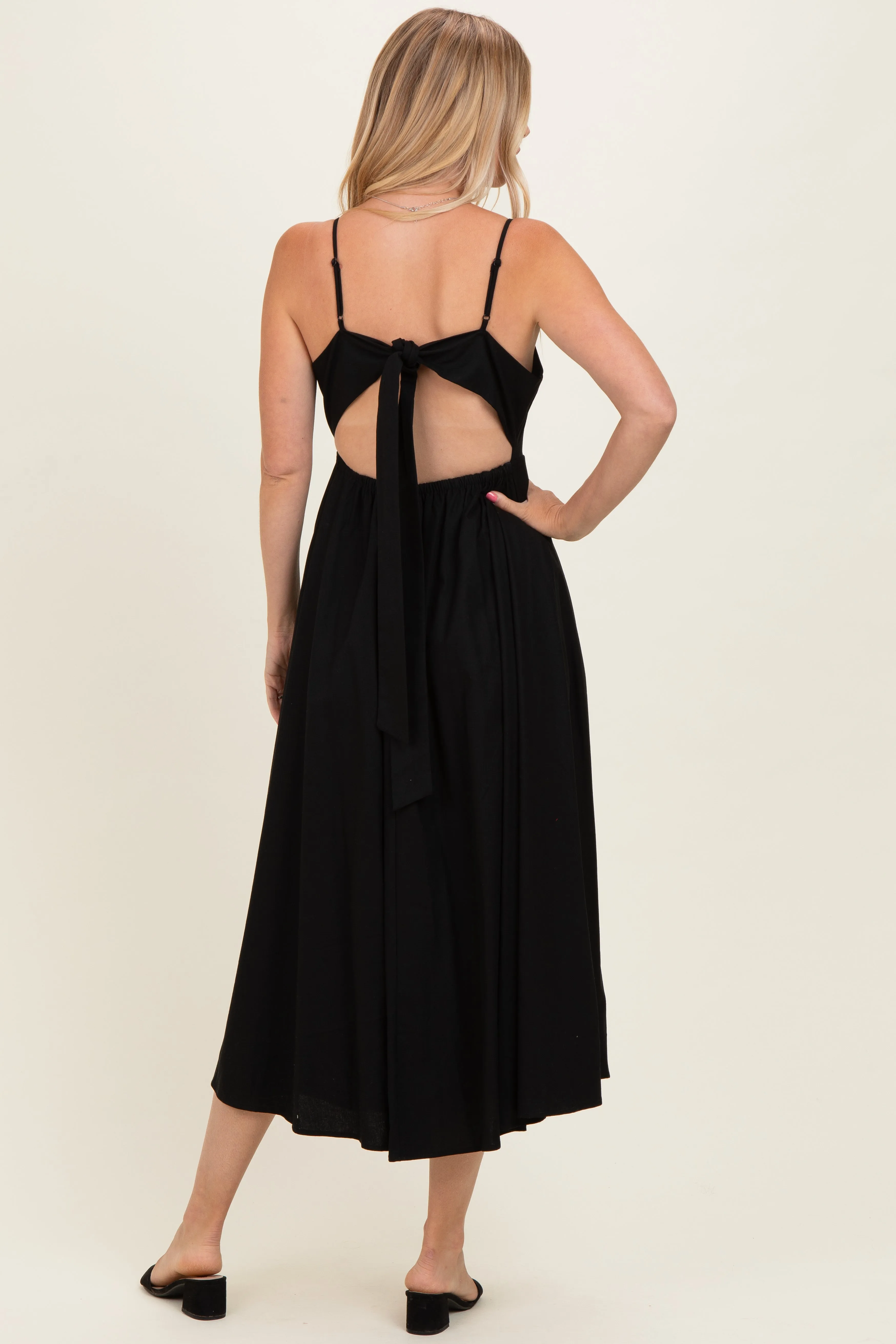 Black Linen Sleeveless Tie Back Flared Midi Dress sold by Pinkblush product image thumbnail 4