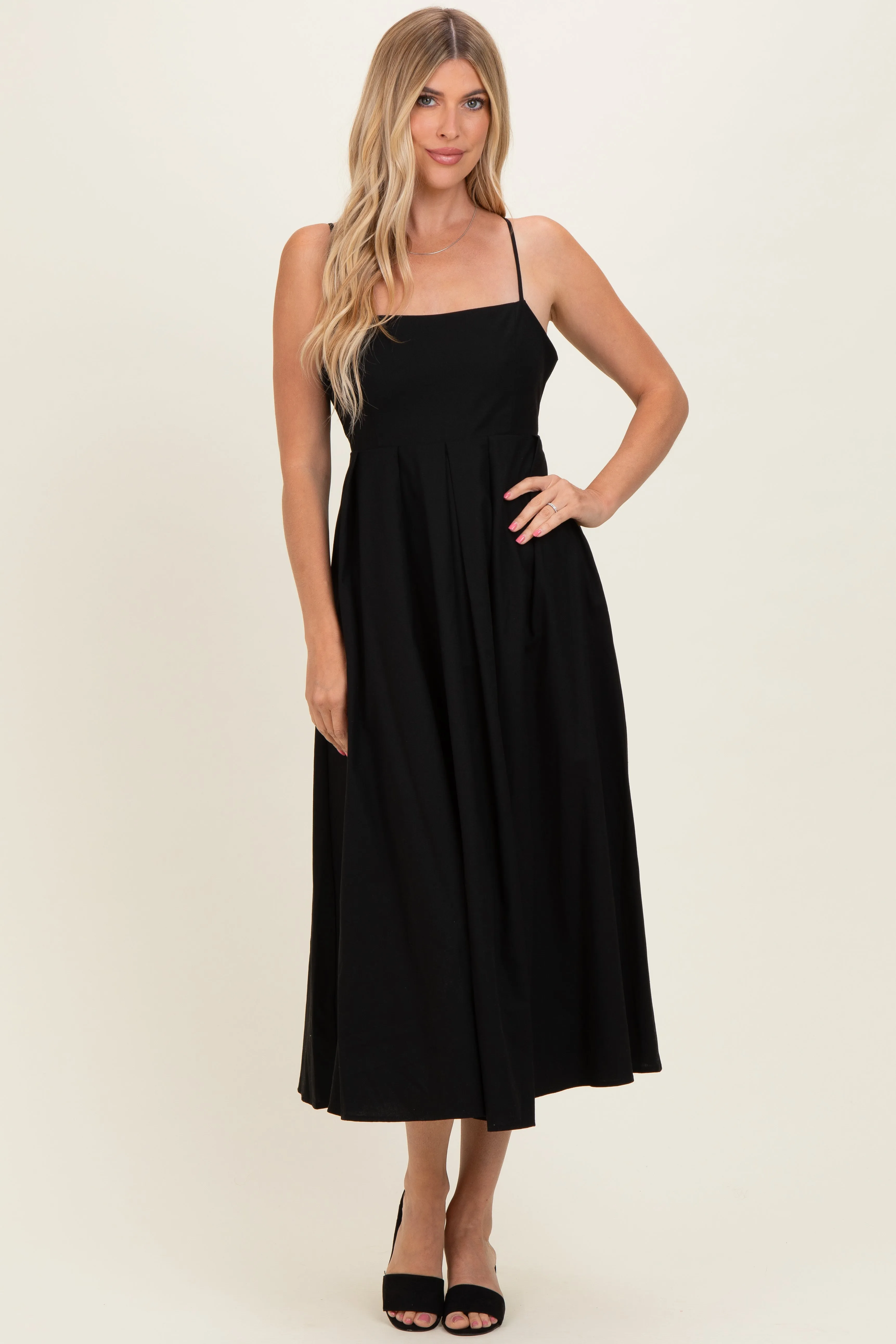 Black Linen Sleeveless Tie Back Flared Midi Dress sold by Pinkblush