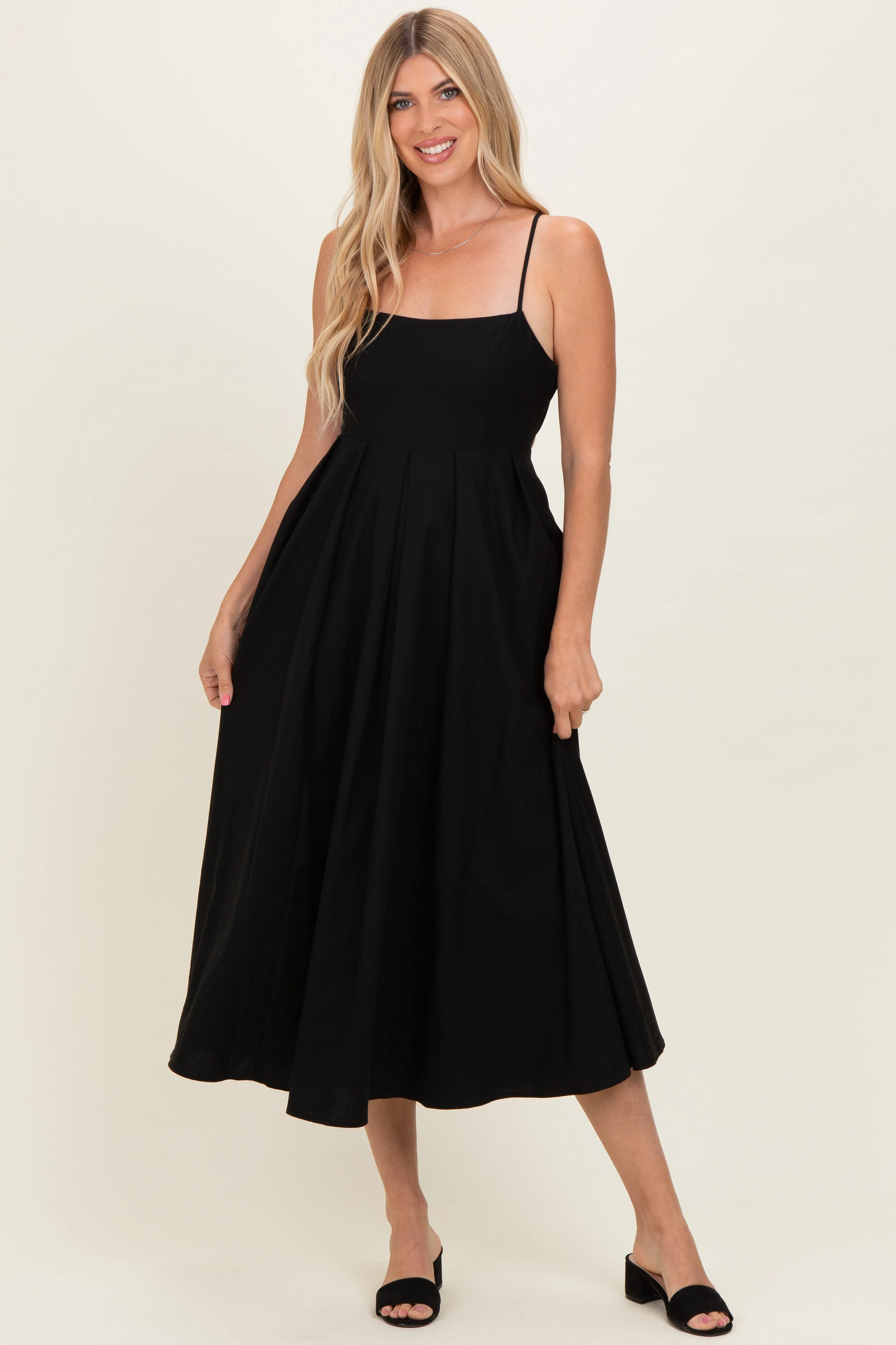 Black Linen Sleeveless Tie Back Flared Midi Dress sold by Pinkblush product image thumbnail 2