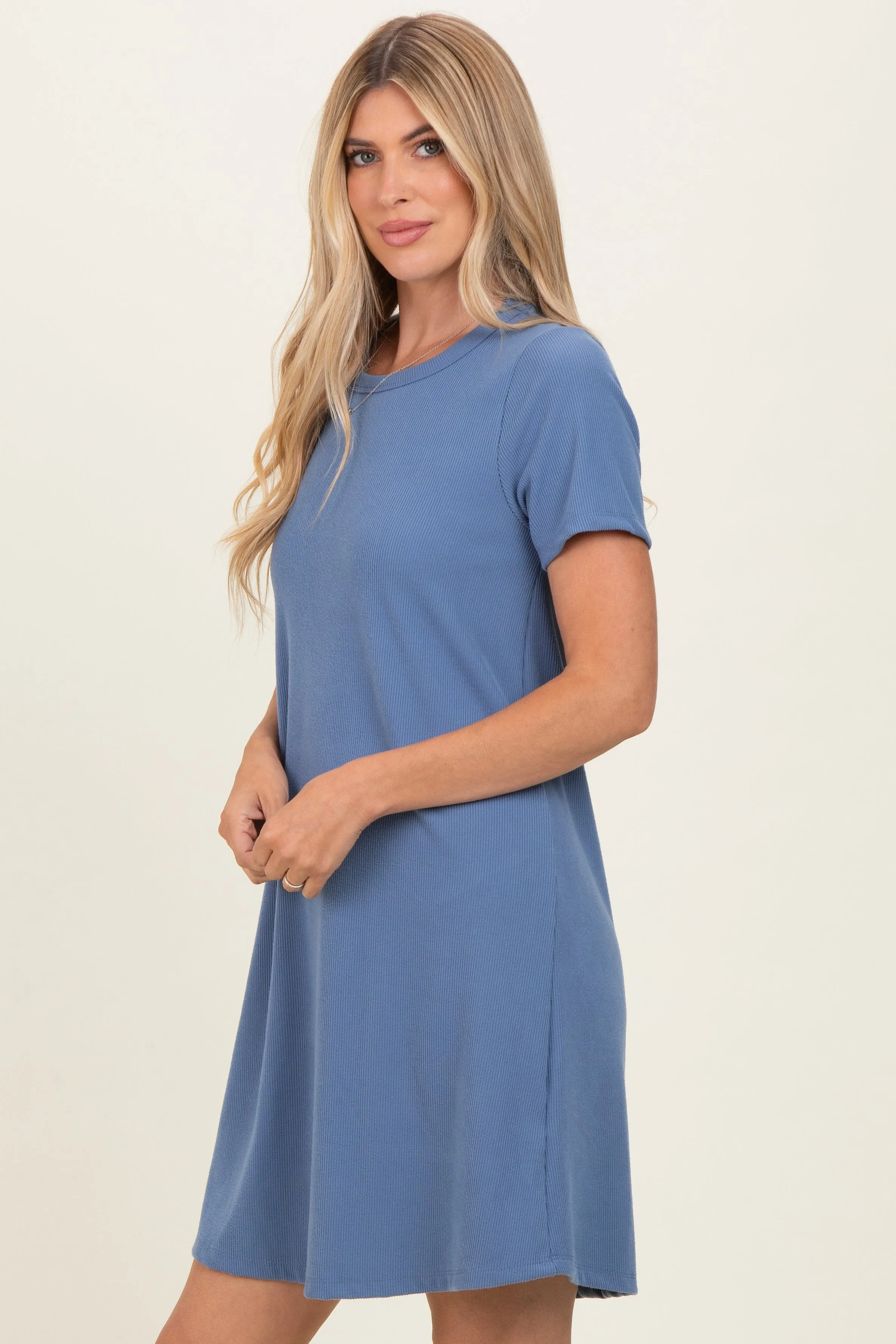 Blue Ribbed Knit Basic Short Sleeve T-Shirt Dress sold by Pinkblush product image thumbnail 3