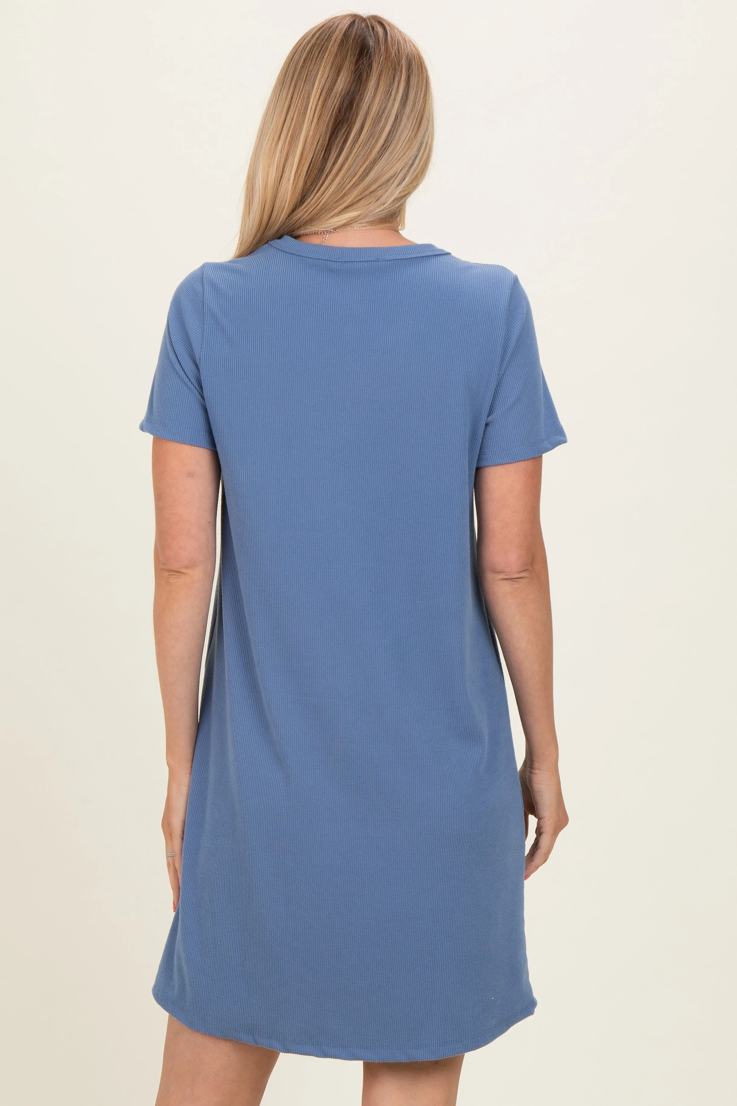 Blue Ribbed Knit Basic Short Sleeve T-Shirt Dress sold by Pinkblush product image thumbnail 4