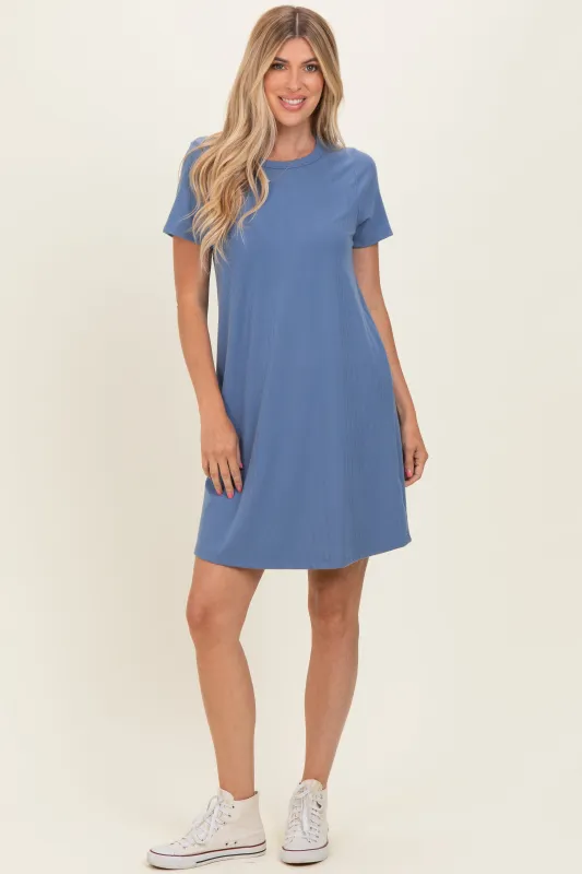 Blue Ribbed Knit Basic Short Sleeve T-Shirt Dress made by Pinkblush