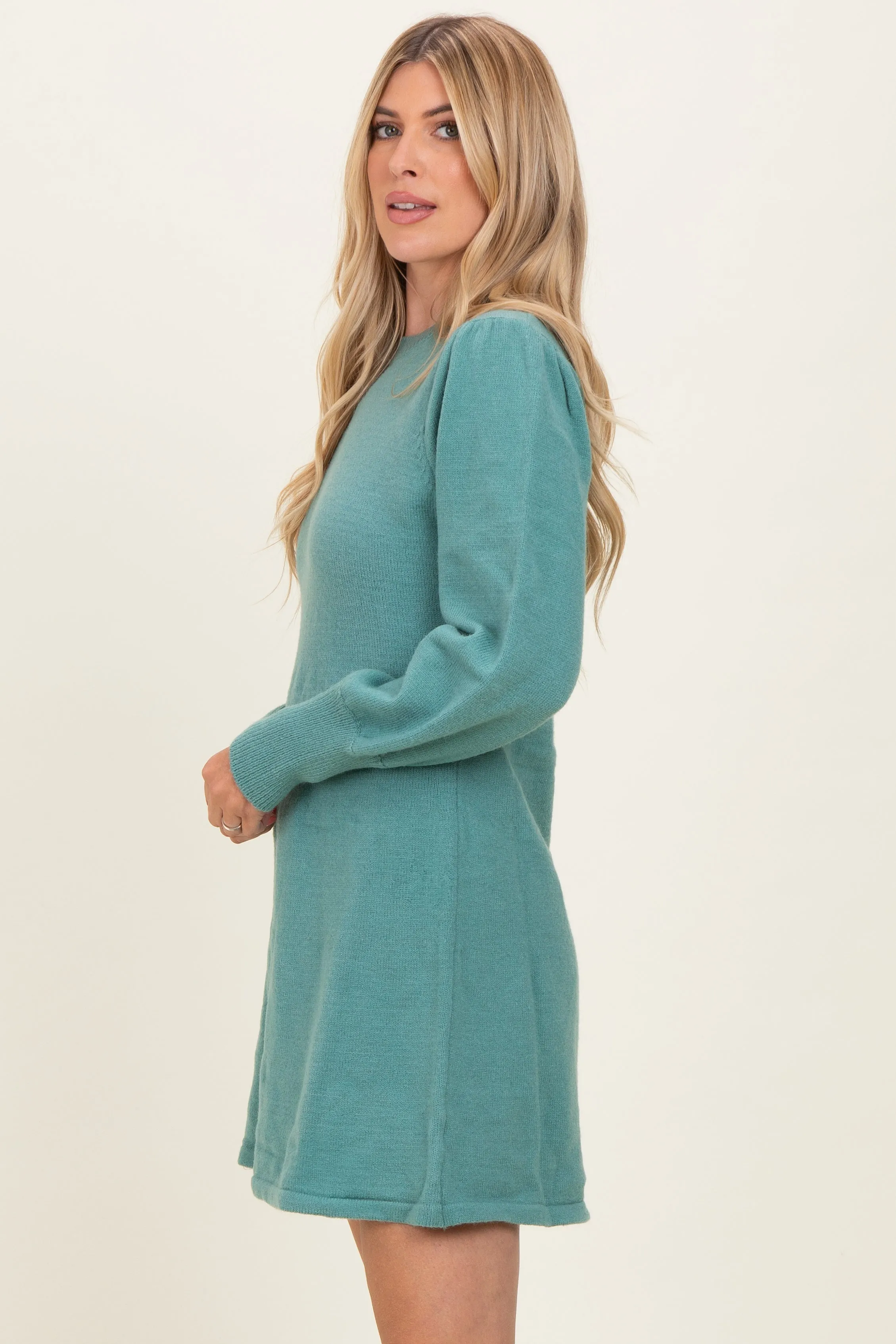 Light Olive Knit Bubble Sleeve Mini Dress sold by Pinkblush product image thumbnail 3