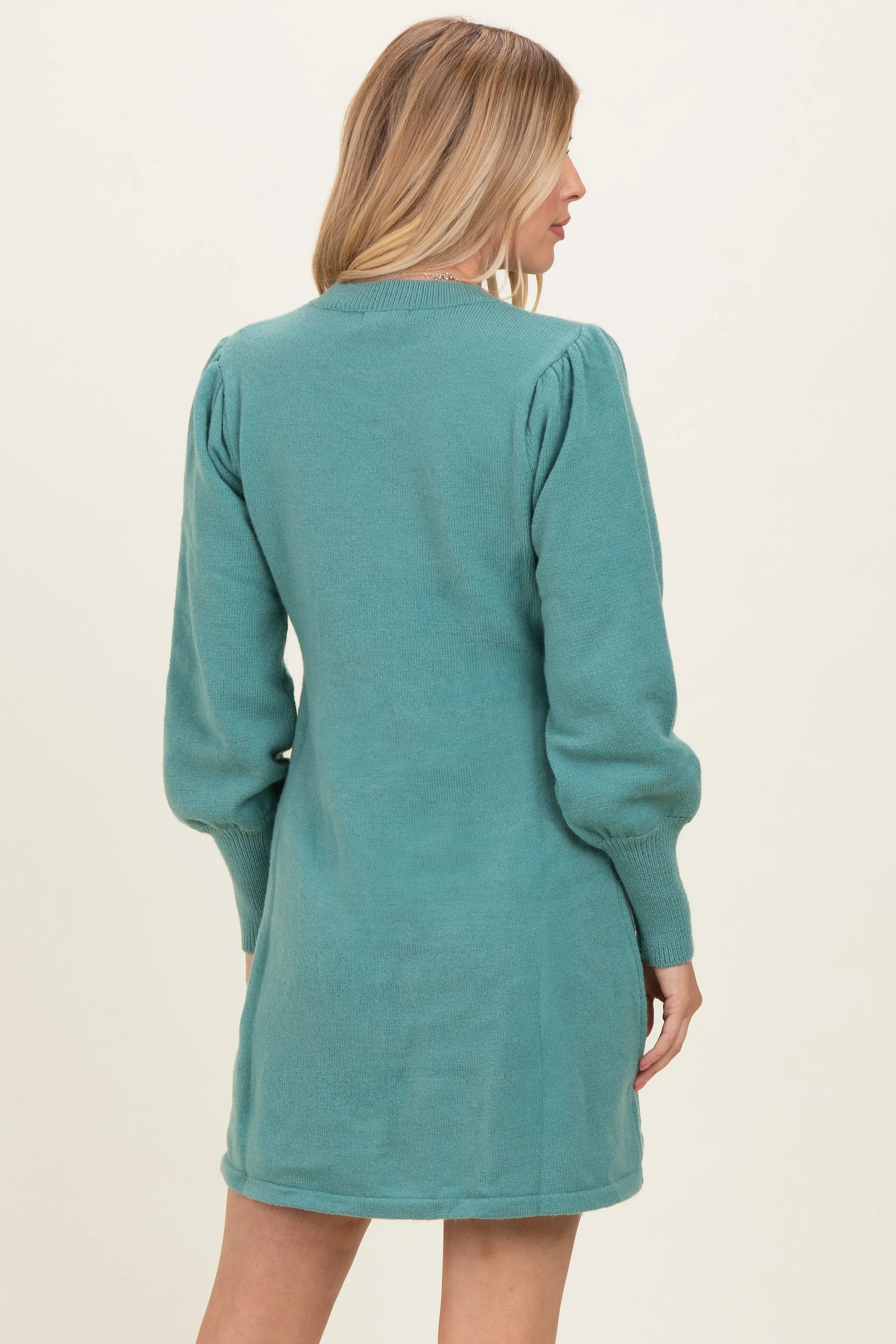 Light Olive Knit Bubble Sleeve Mini Dress sold by Pinkblush product image thumbnail 4