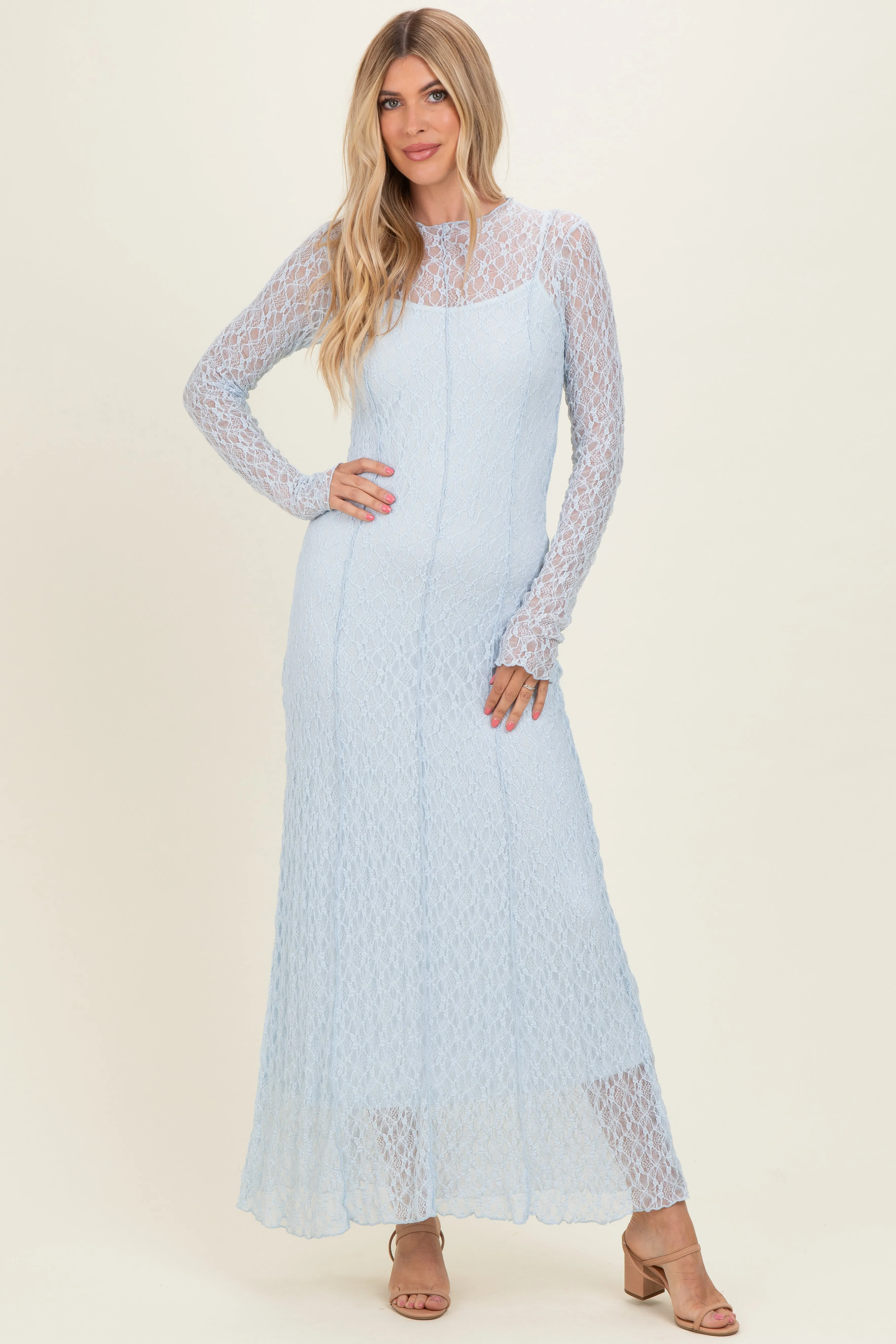 Light Blue Lace Mock Neck Long Sleeve Maxi Dress sold by Pinkblush