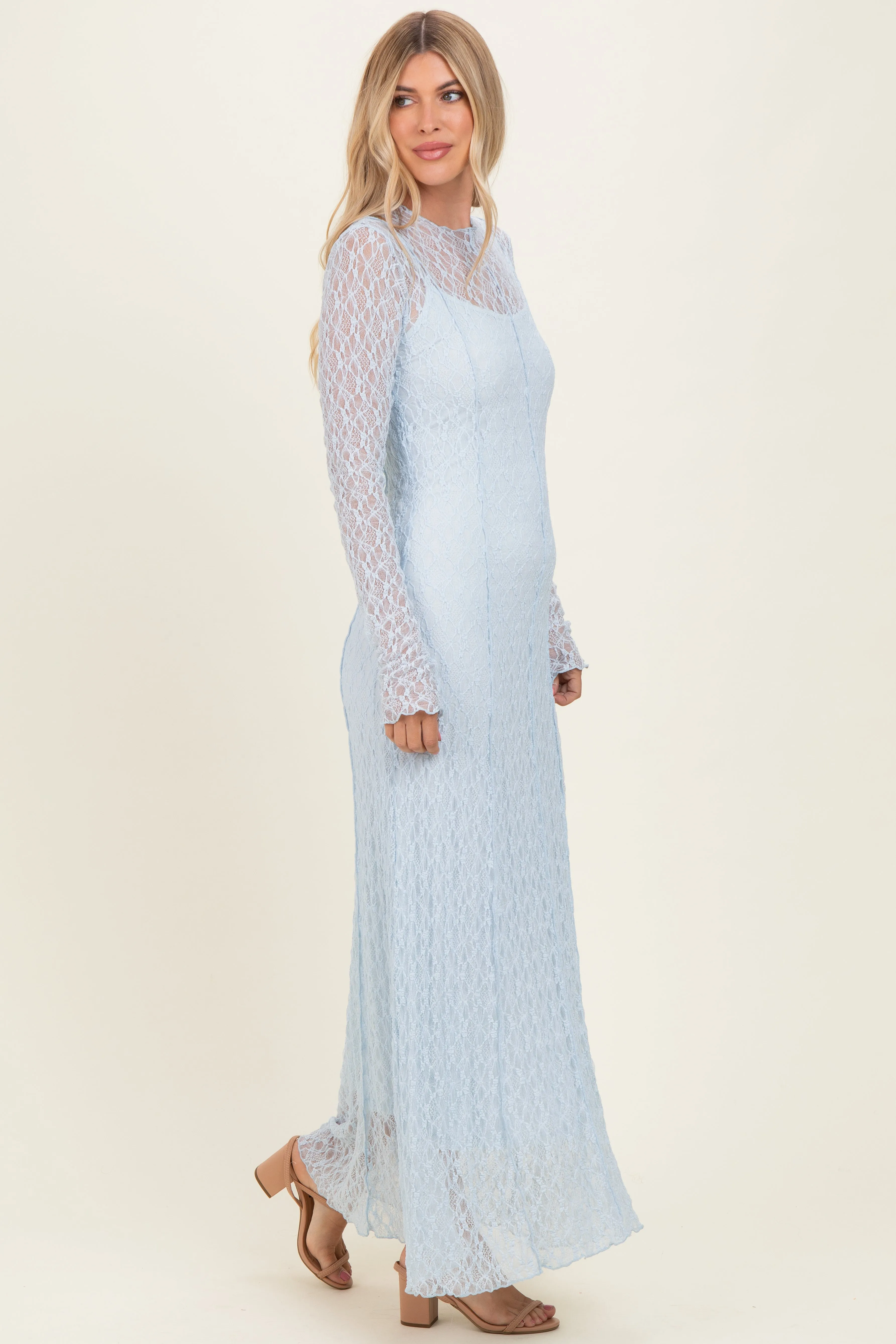 Light Blue Lace Mock Neck Long Sleeve Maxi Dress sold by Pinkblush product image thumbnail 2