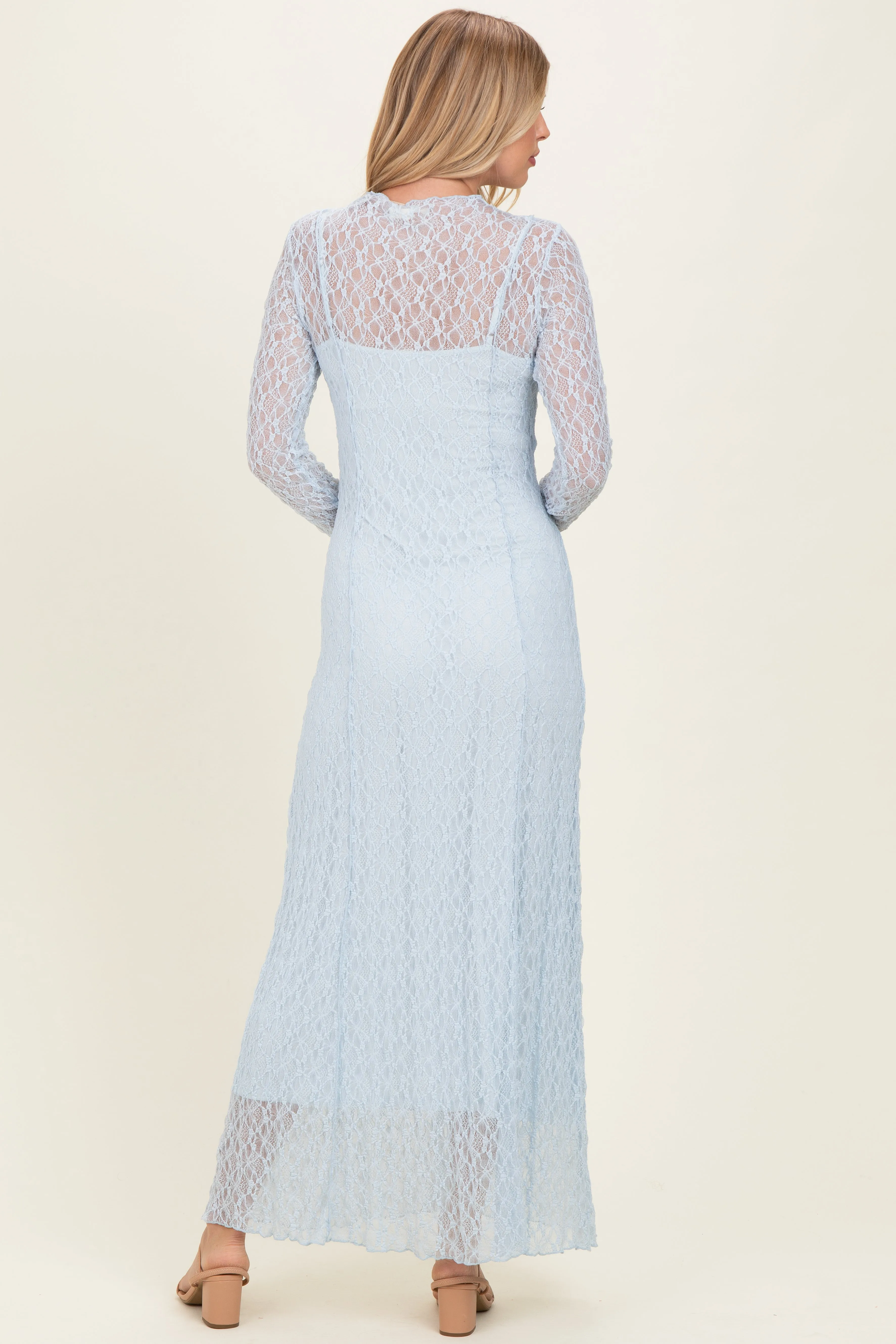 Light Blue Lace Mock Neck Long Sleeve Maxi Dress sold by Pinkblush product image thumbnail 3