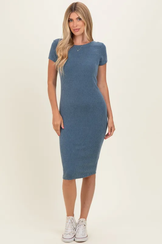 Denim Ribbed Short Sleeve Midi Dress made by Hello MIZ