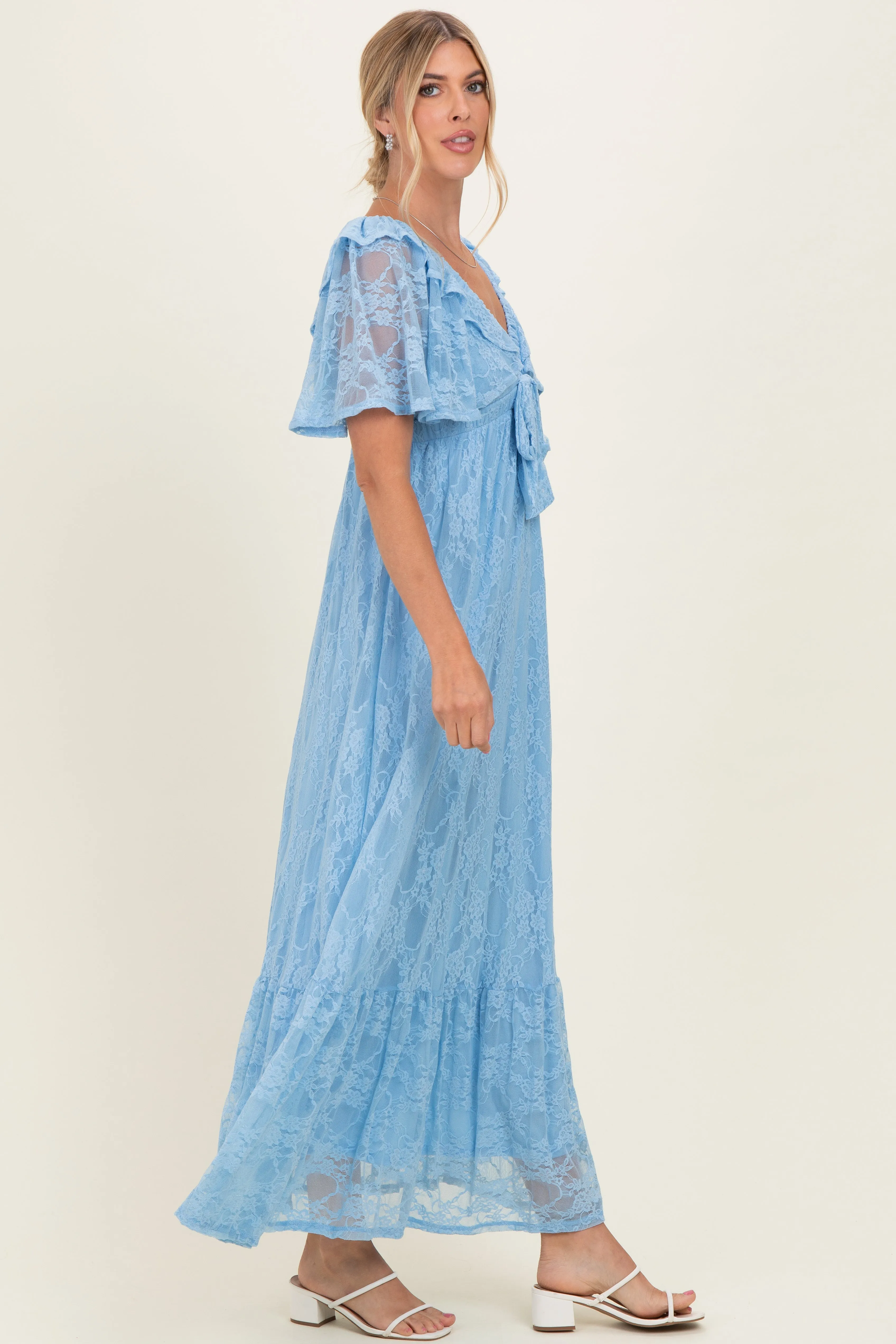 Light Blue Lace Flutter Sleeve Tiered Maxi Dress sold by Pinkblush product image thumbnail 2